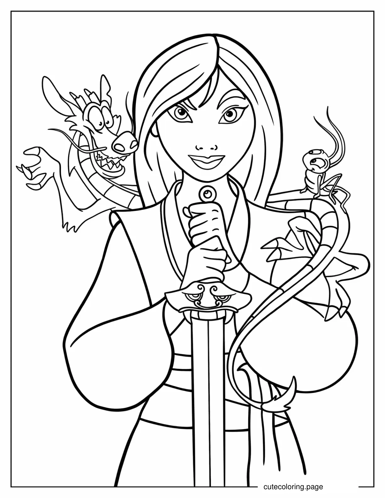 Easy Outline Of Mulan With Mushi And Cri Kee coloring page