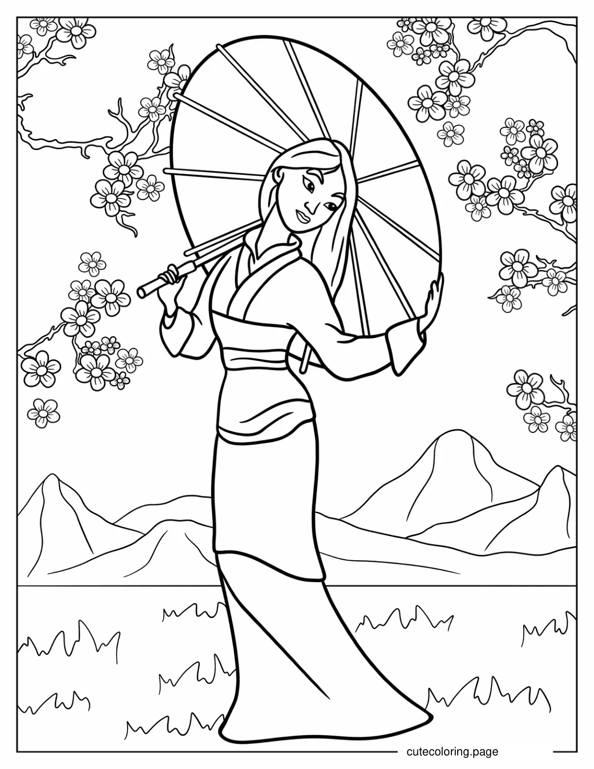 Kawaii Coloring Sheet Of Mulan In Garden coloring page