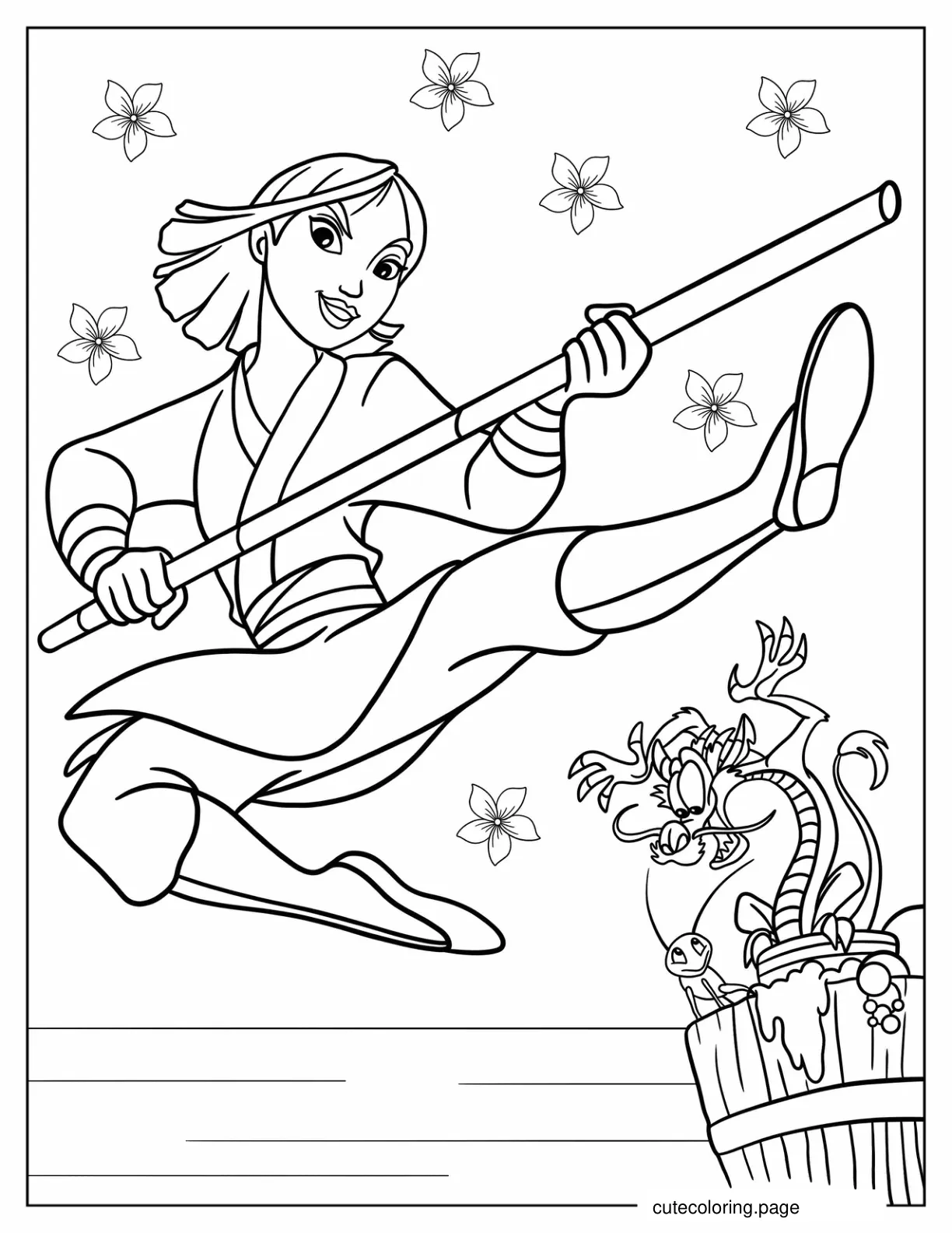 Mulan Flying Kick With Bamboo Stick coloring page