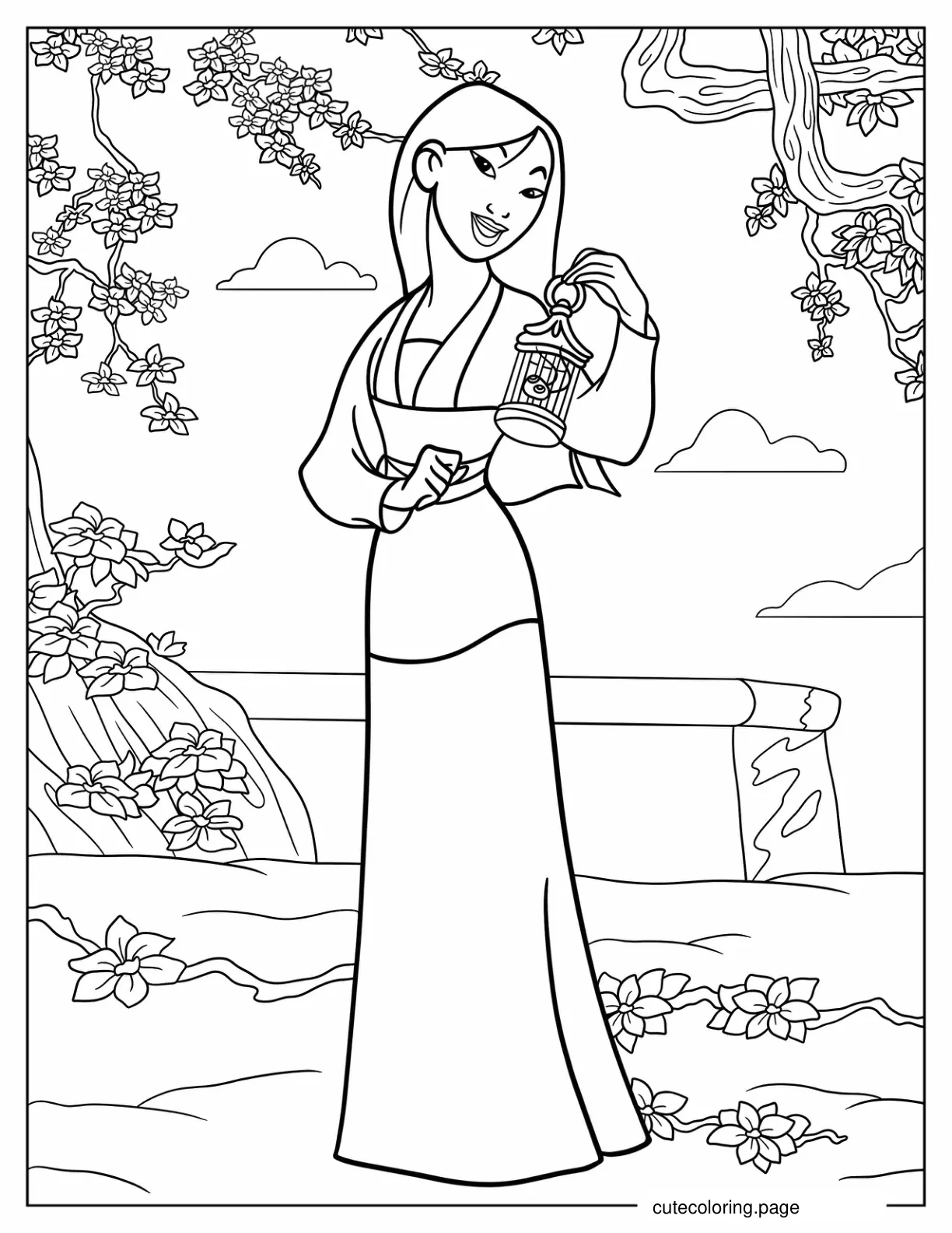 Mulan Holding Cri Kee In Cage coloring page