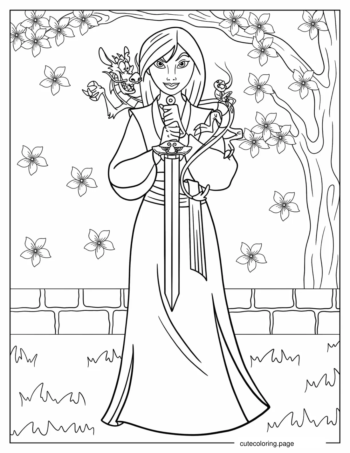 Mulan Holding Her Father_s Sword To Color coloring page