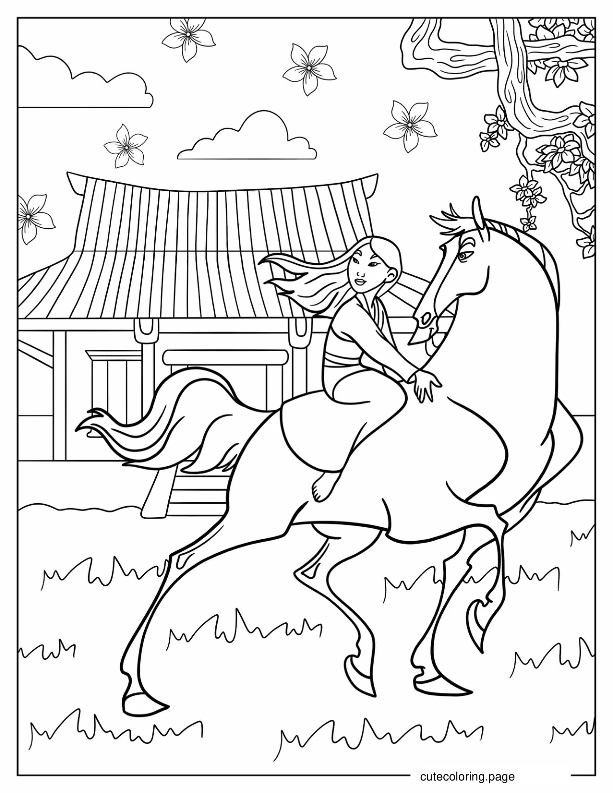 Mulan Running Away From Home With Khan Khan coloring page