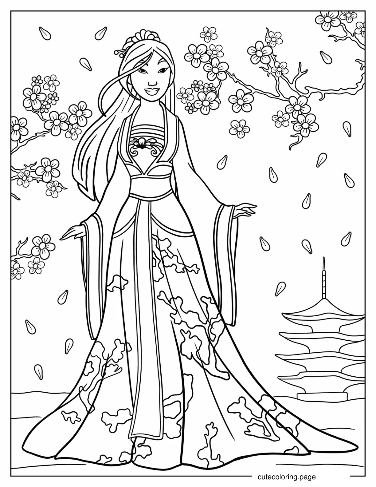 Mulan Wearing Traditional Dress Coloring Sheet coloring page