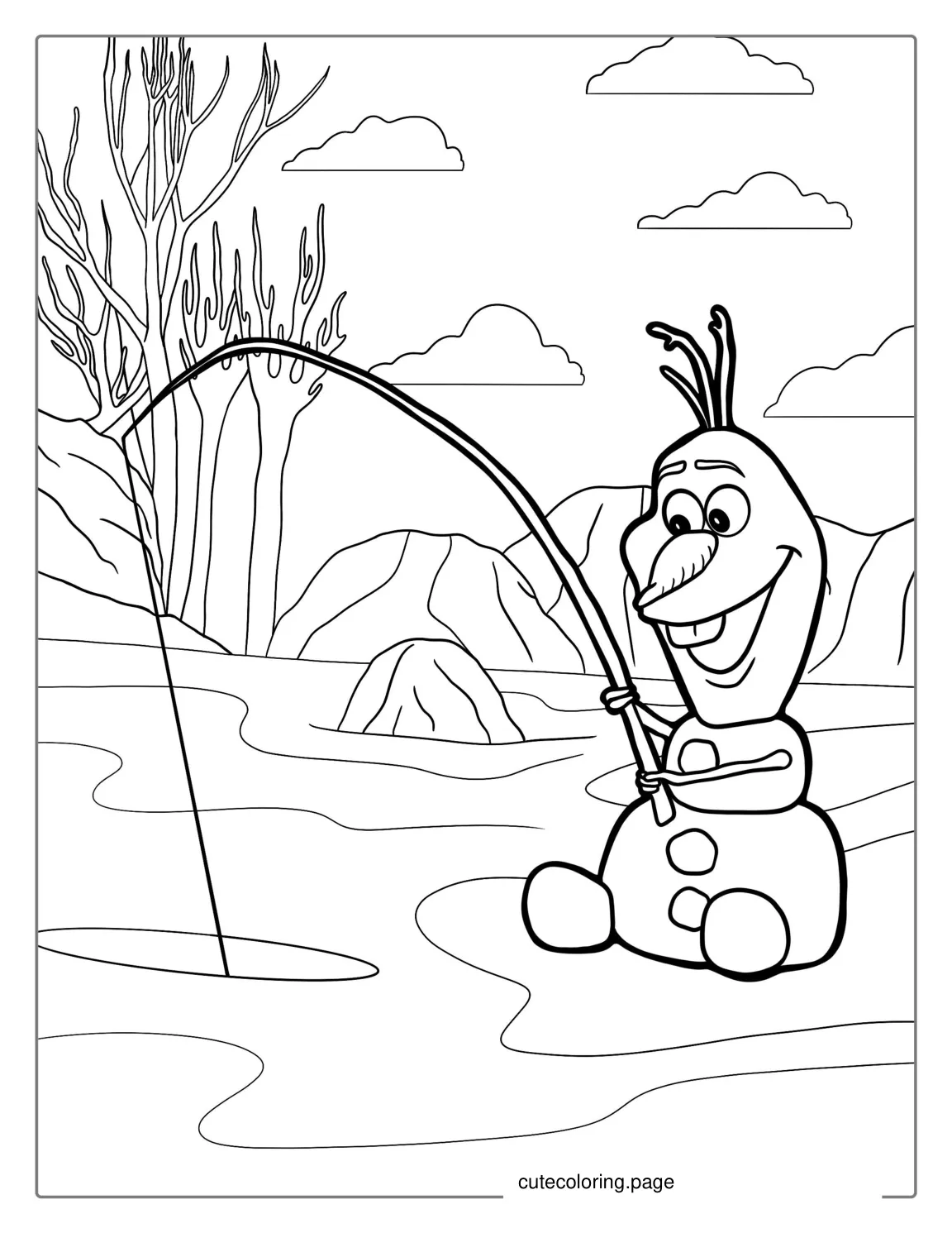 Olaf Fishing On Ice Lake To Color coloring page