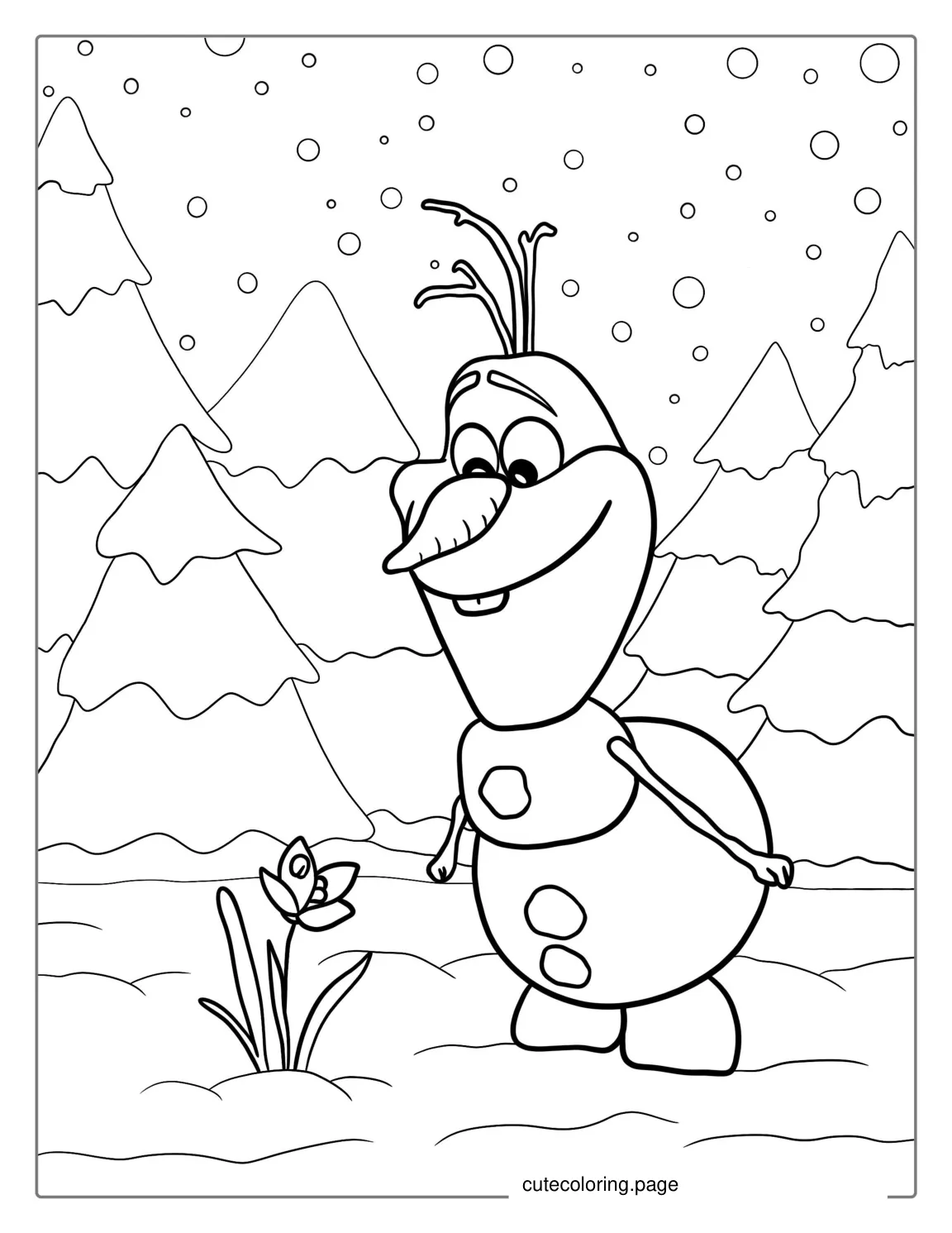 Olaf Looking At a Flower coloring page