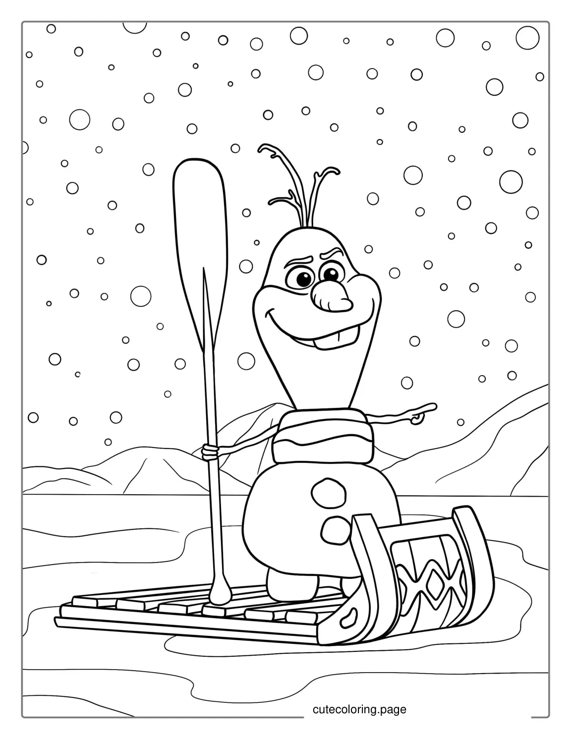 Olaf Riding A Slead In Snow To Color coloring page