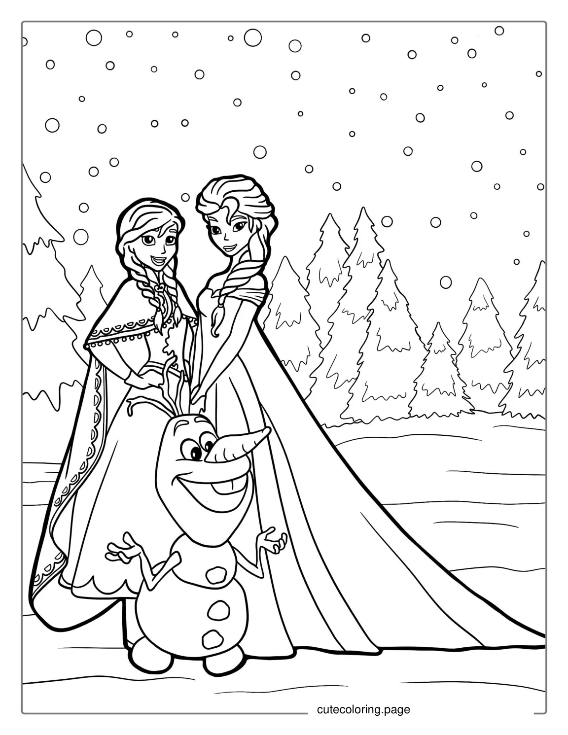 Olaf With Anna And Elsa To Color coloring page