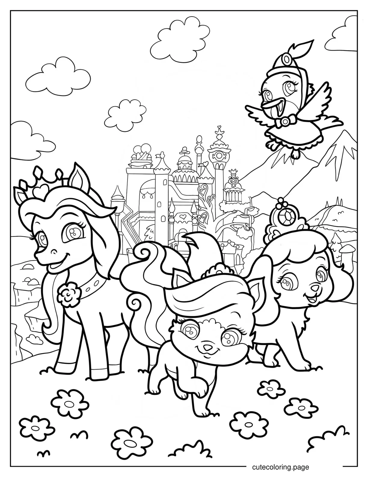 Palace Pets Treasure Petite Pumpkin And Ms. Featherbon In Front Of Castle Coloring Page coloring page