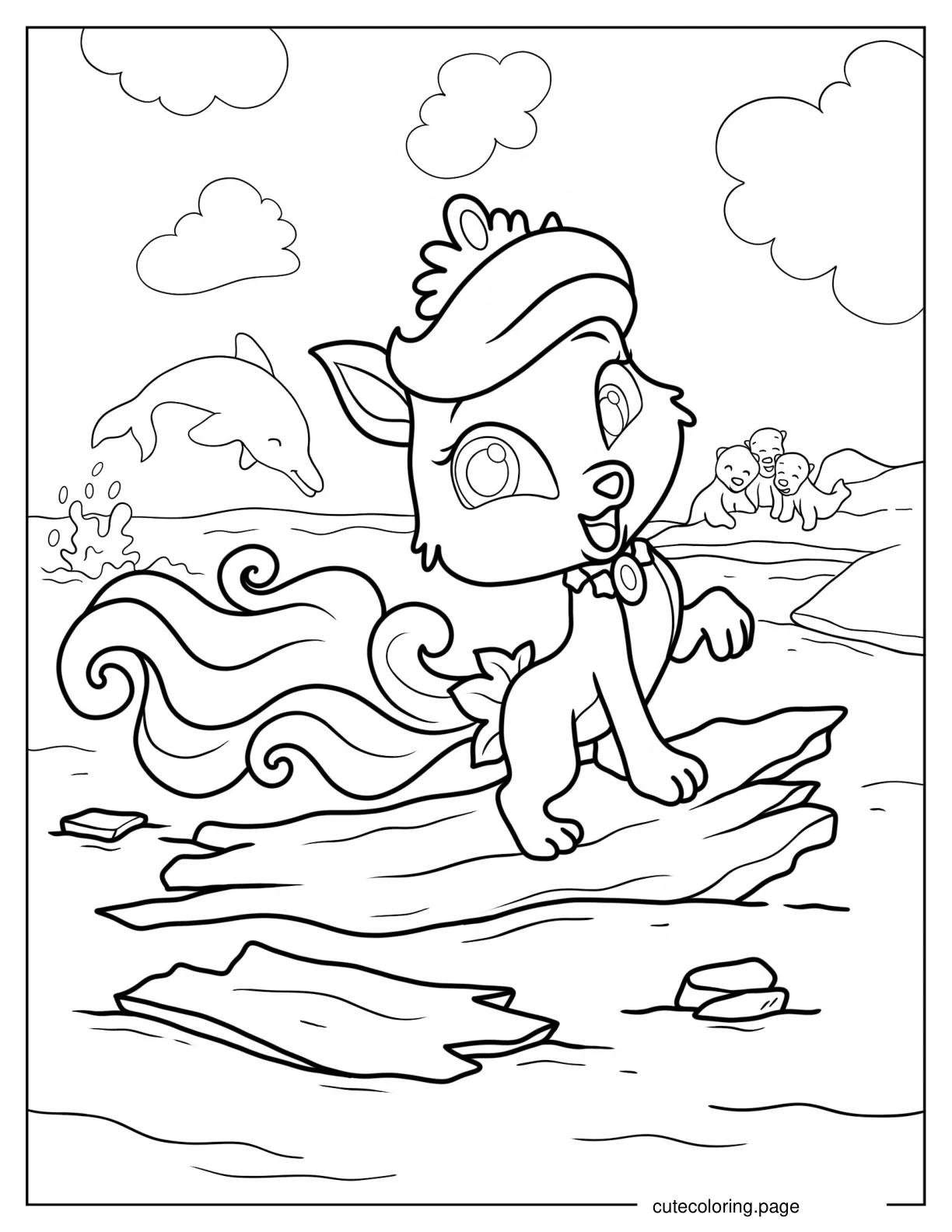 Treasure At The Beach With Dolphin And Seals Coloring Page For Kids coloring page