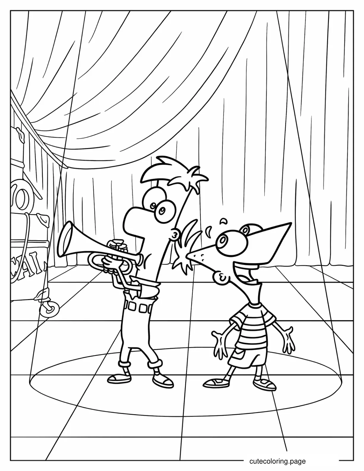 Ferb Playing Trumpet While Phineas Sings Coloring Sheet For Kids coloring page