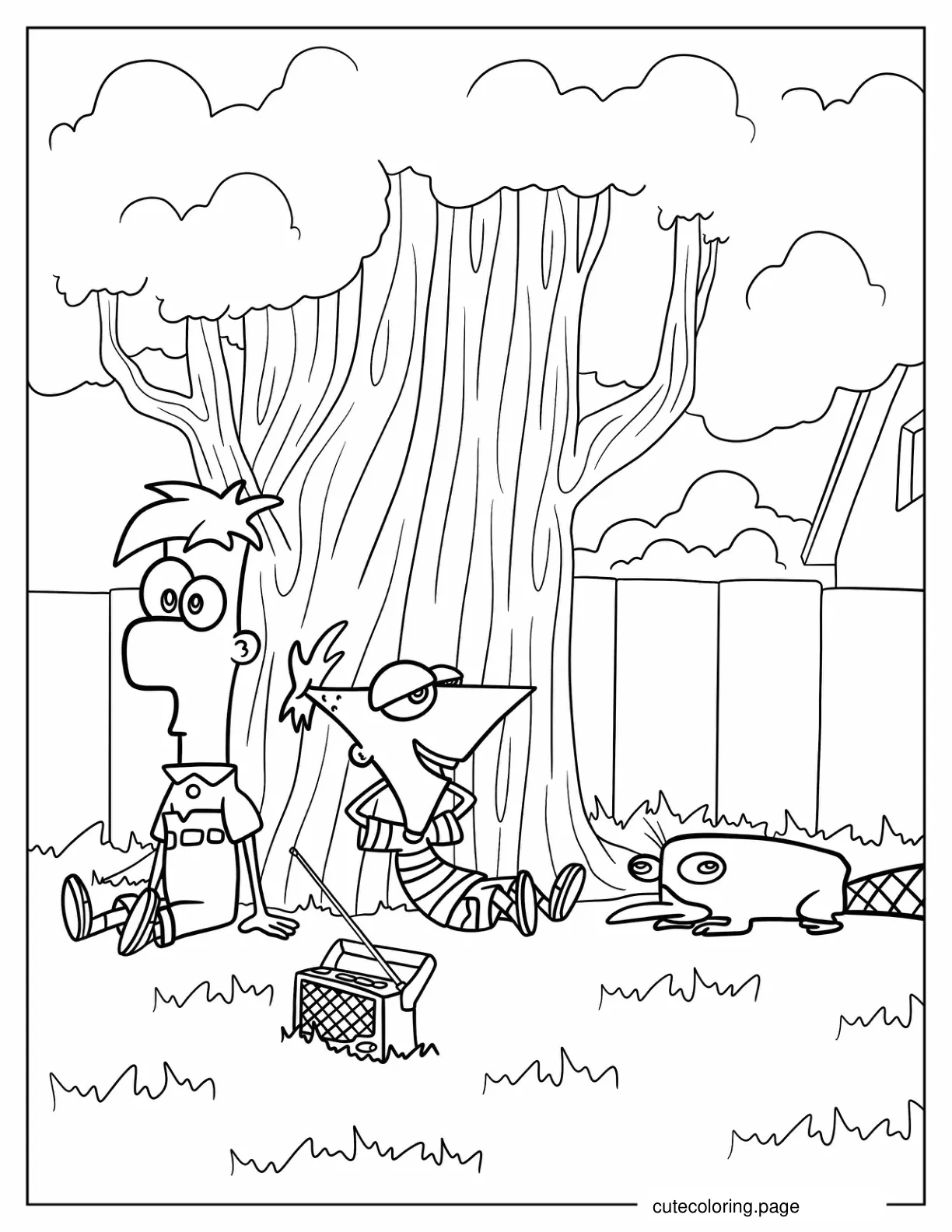 Phineas And Ferb In The Backyard With Perry The Platypus Coloring Sheet coloring page