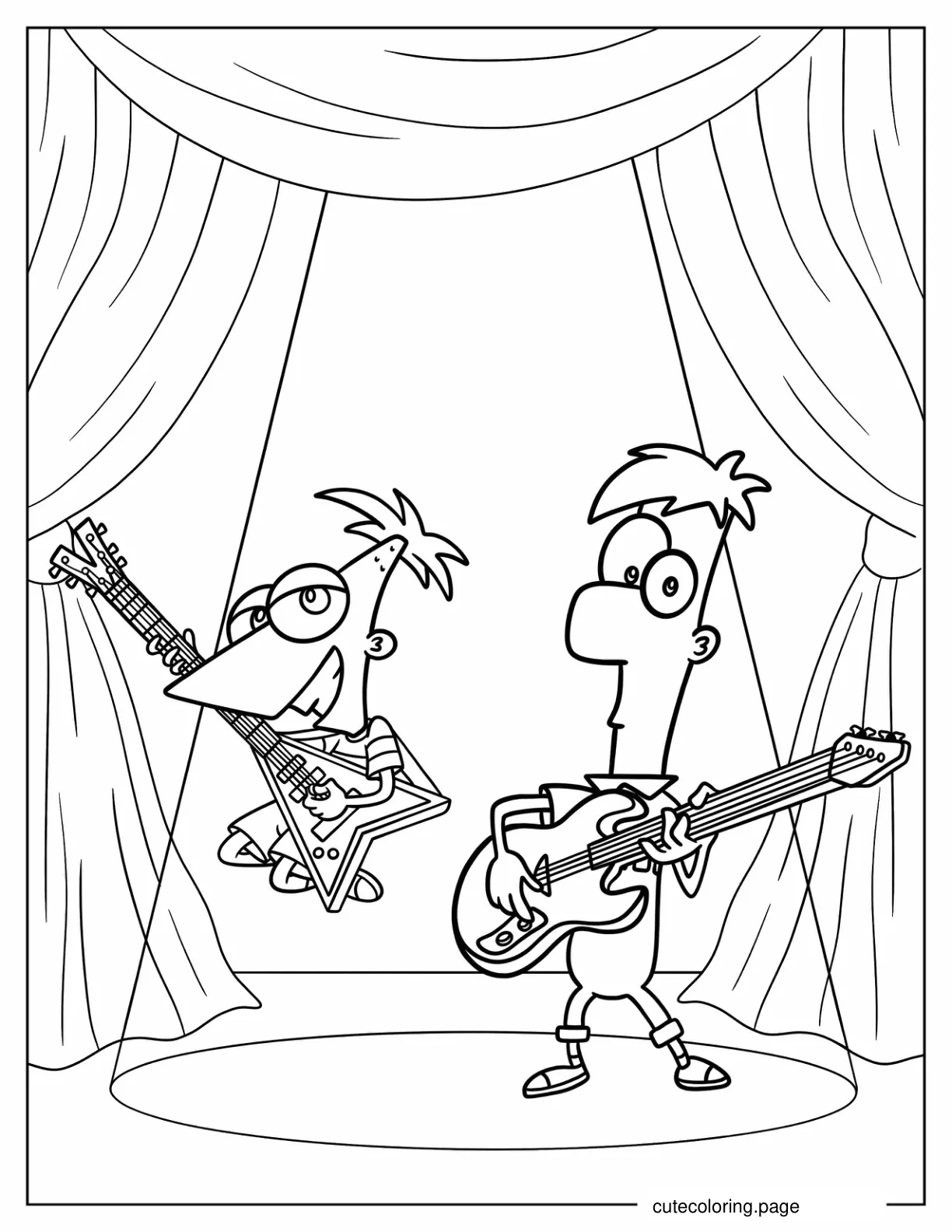 Phineas And Ferb On Stage Playing Electric Guitar Coloring Sheet coloring page