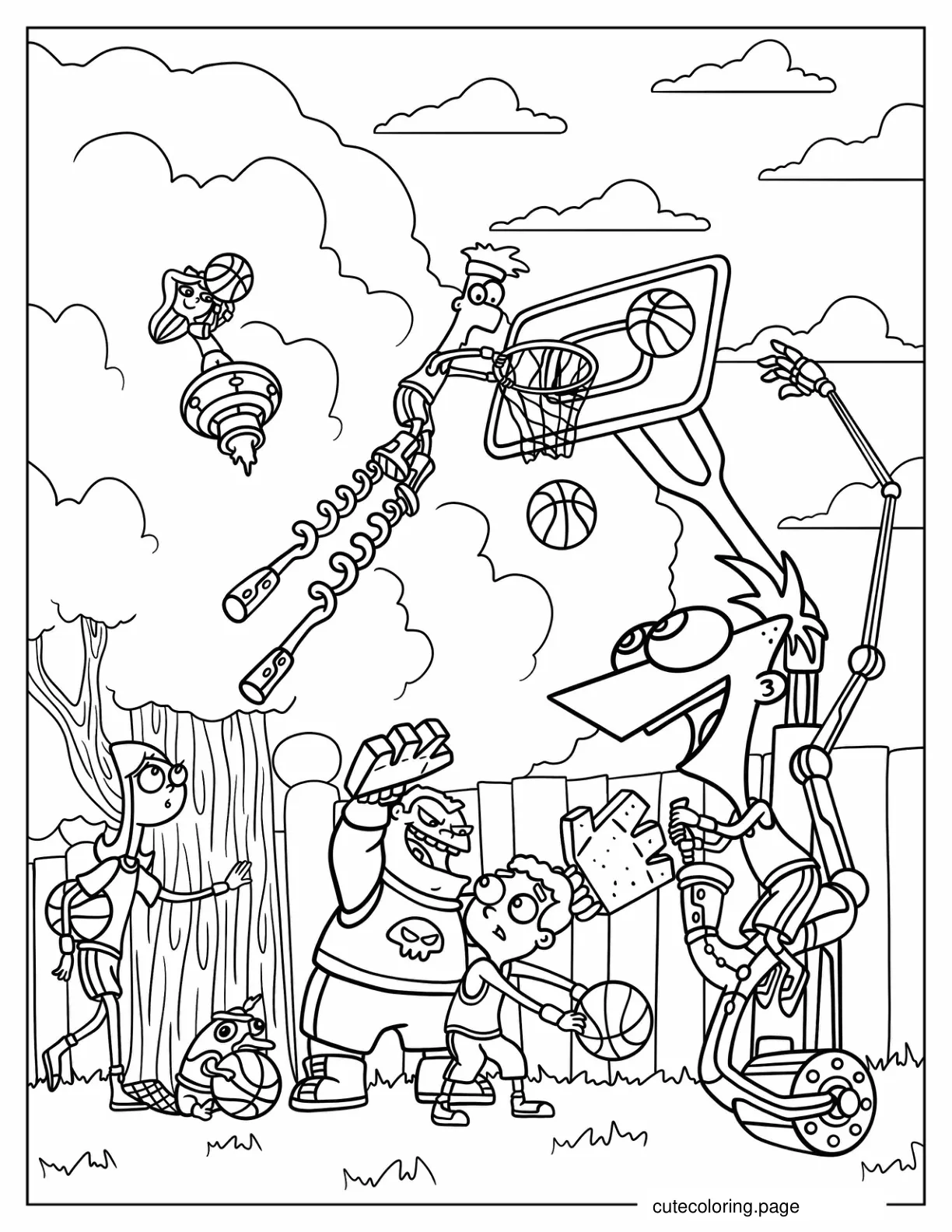 Phineas And Ferb Playing Basketball With Buford Isabella Baljeet Candace And Perry coloring page