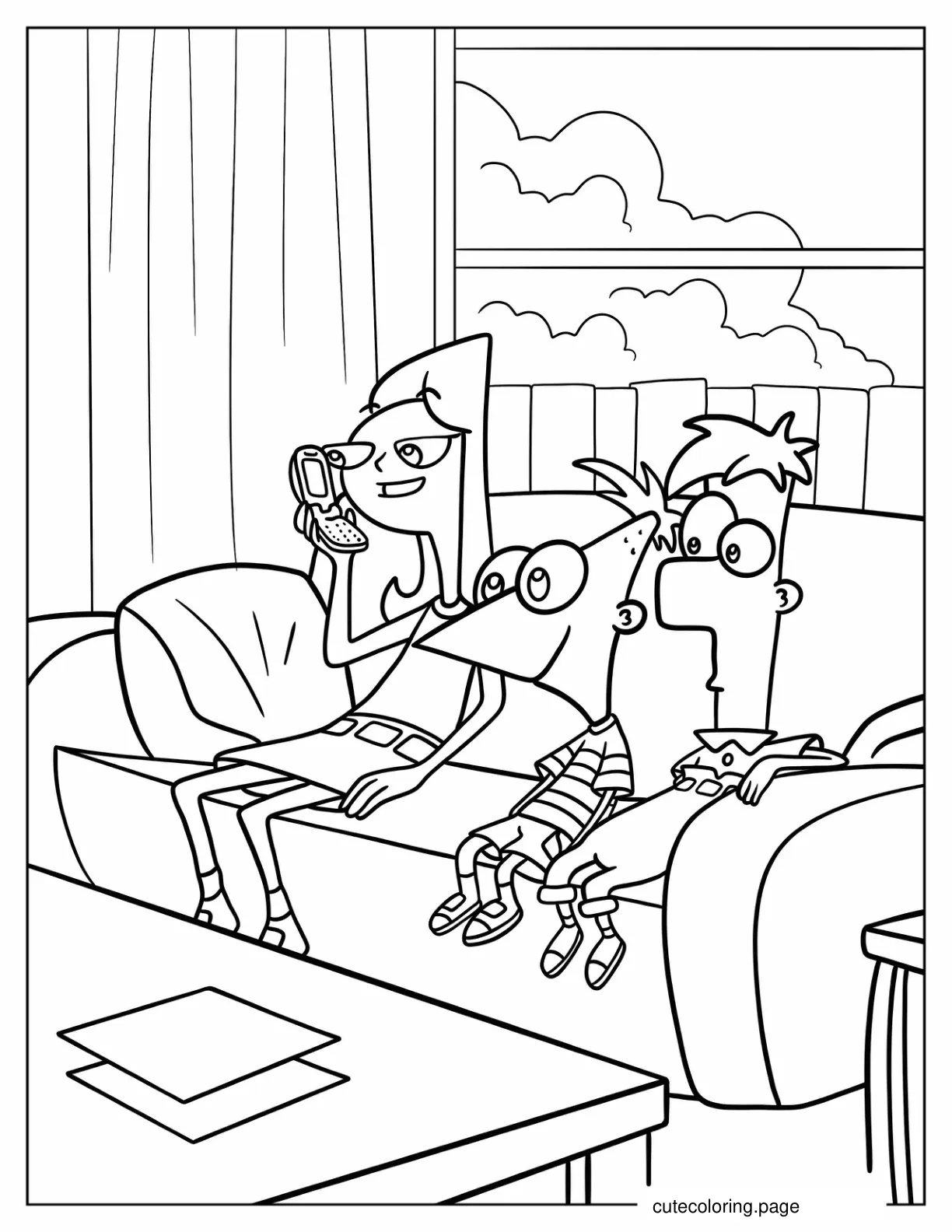 Phineas Ferb And Candace Sitting In The Living Room Coloring Sheet coloring page