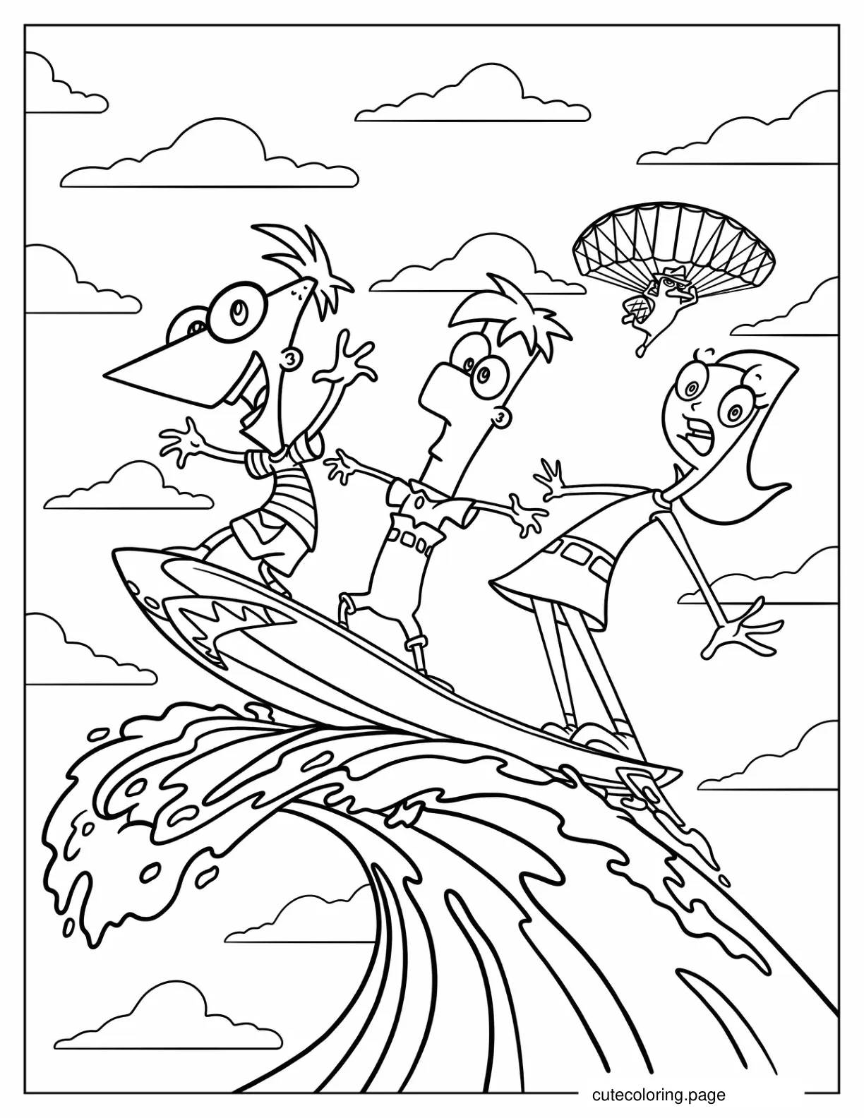 Phineas Ferb And Candace Surfing With Perry The Platypus On A Parachute coloring page