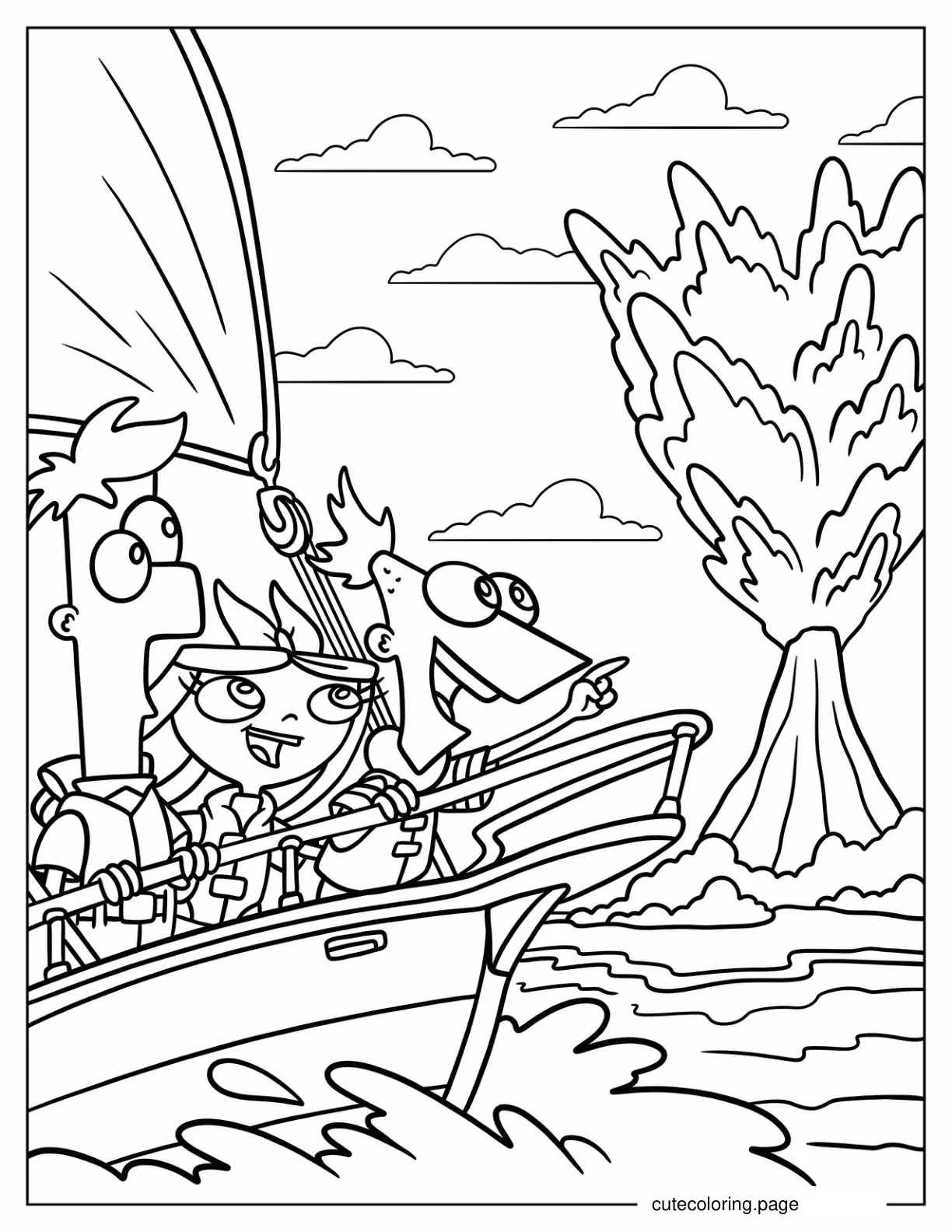 Phineas Ferb And Isabella Watching Volcanic Eruption From Boat coloring page