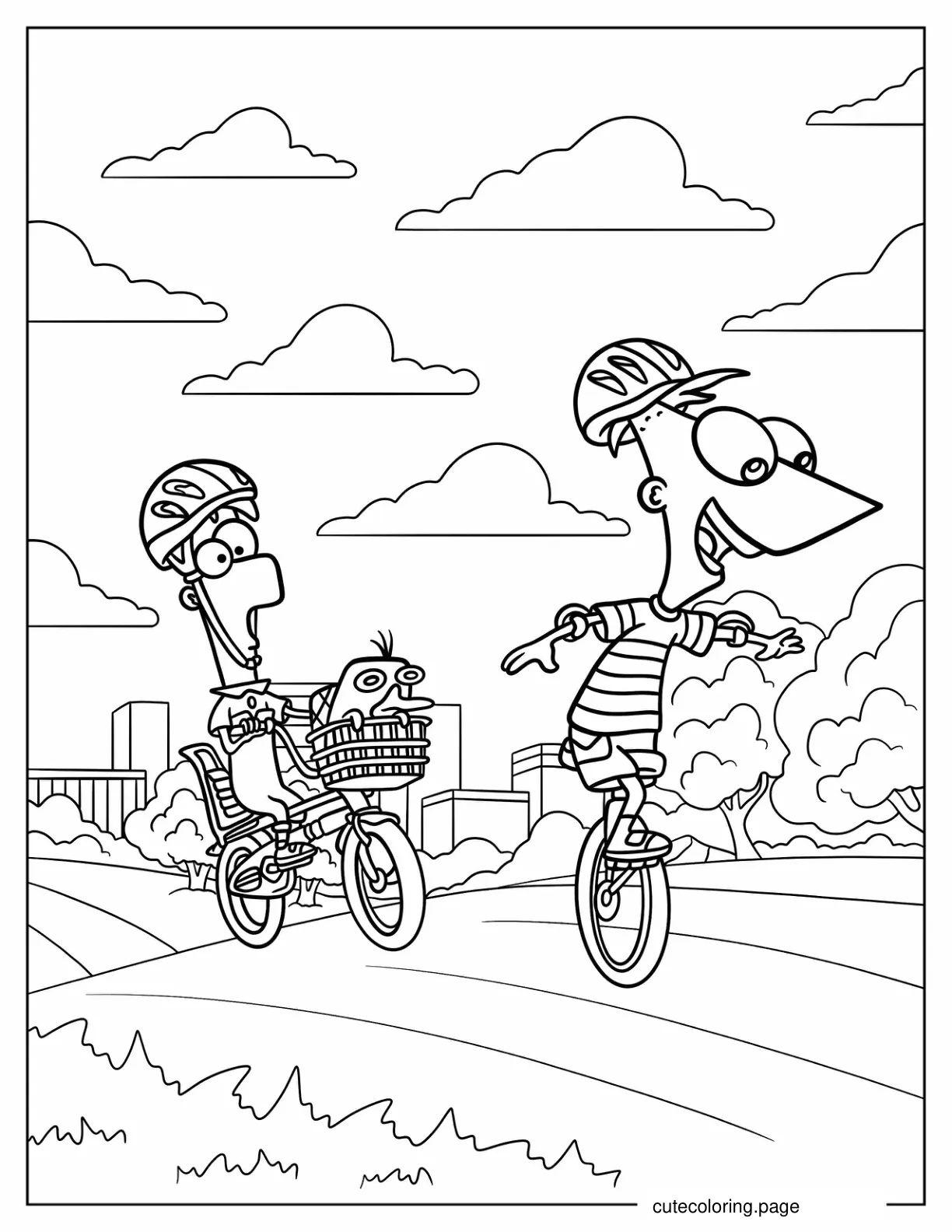 Phineas Riding Unicycle While Ferb And Perry Ride A Bicycle Coloring Page coloring page