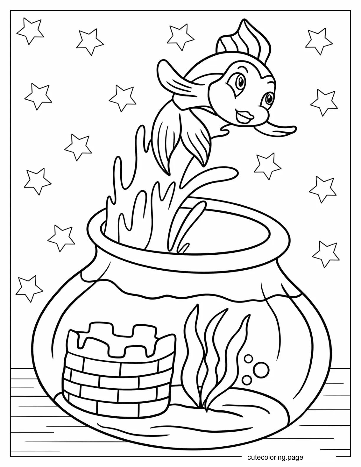 Cleo The Goldfish Jumping Out Of Fishbowl coloring page