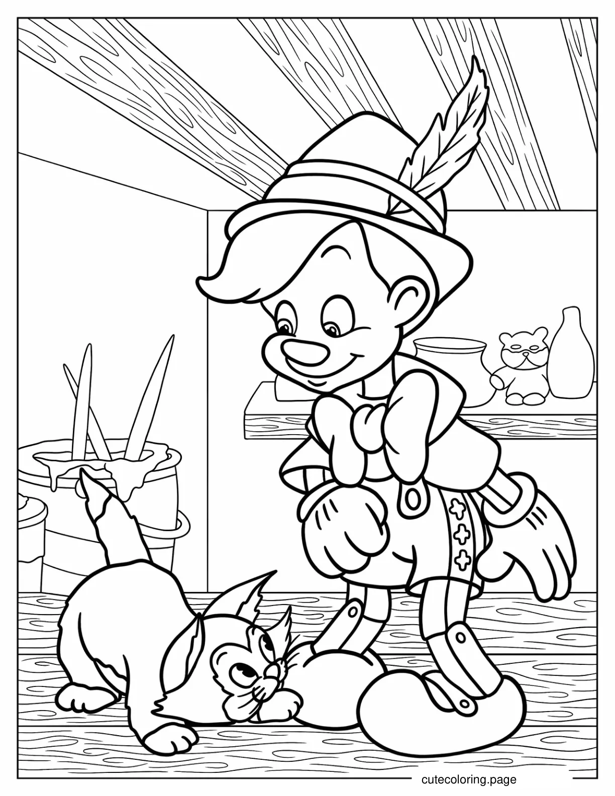 Figaro Playing With Puppet Pinocchio In Workshop coloring page