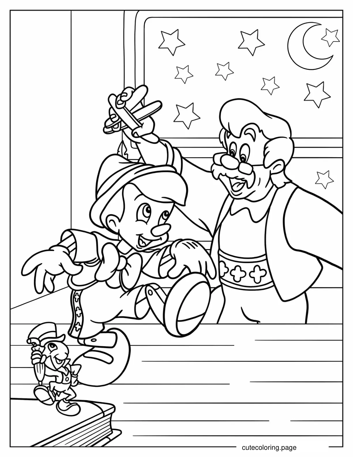 Geppetoo Pinocchio And Jiminy Cricket Dancing Coloring Page coloring page