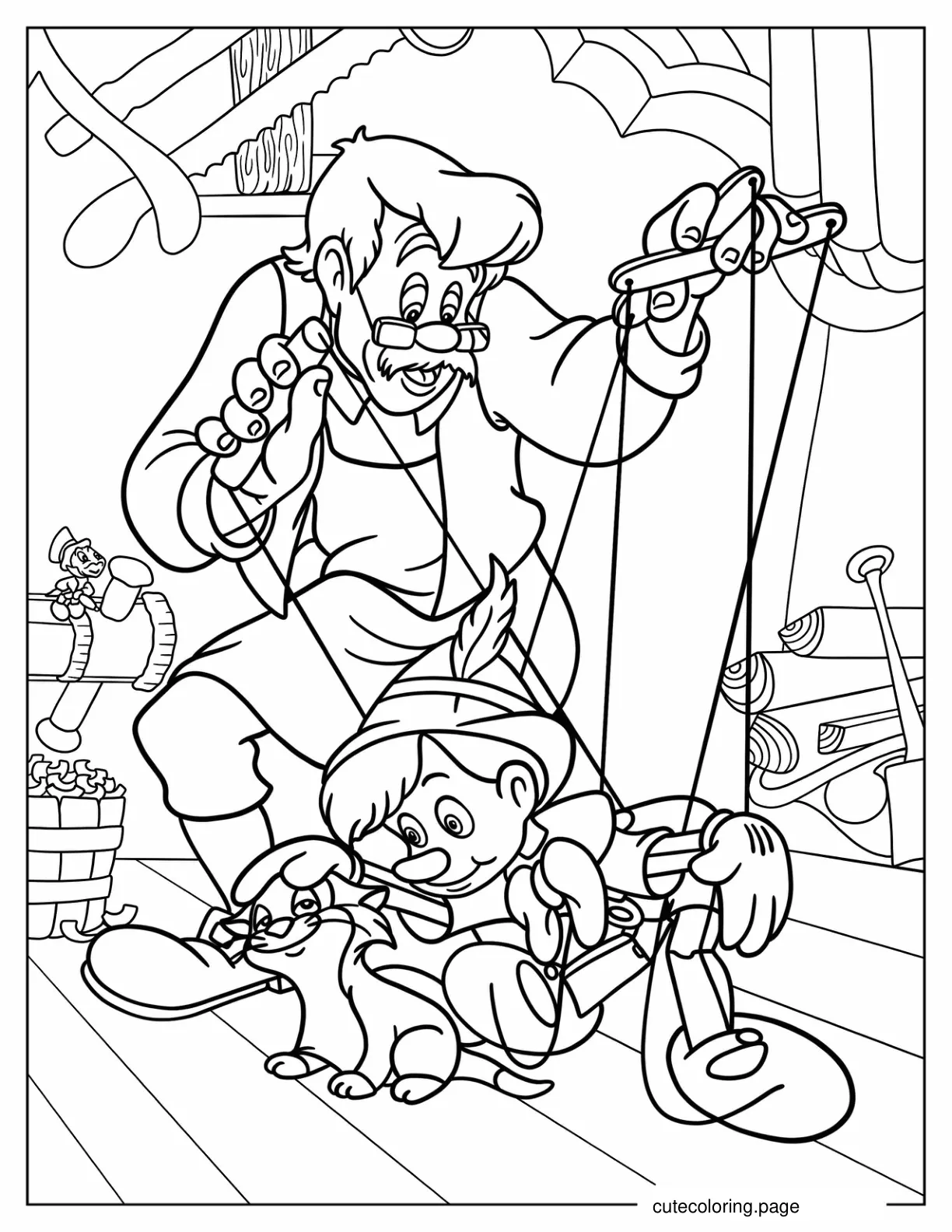 Geppetto Controlling Puppet Pinocchio Coloring Sheet coloring page