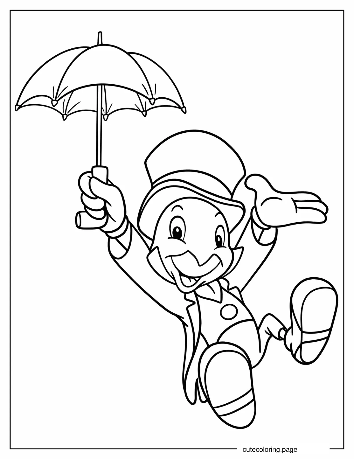 Jiminy Cricket Floating Down Using Umbrella Coloring Sheet coloring page