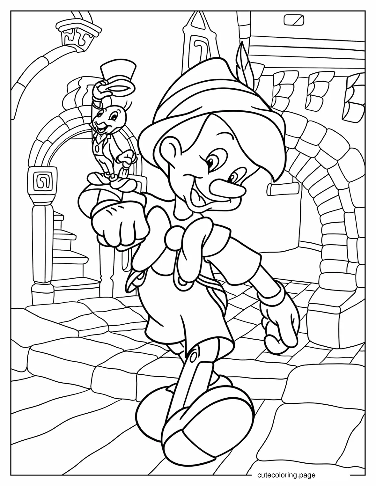 Pinocchio Holding Up Jiminy Cricket On His Elbow coloring page