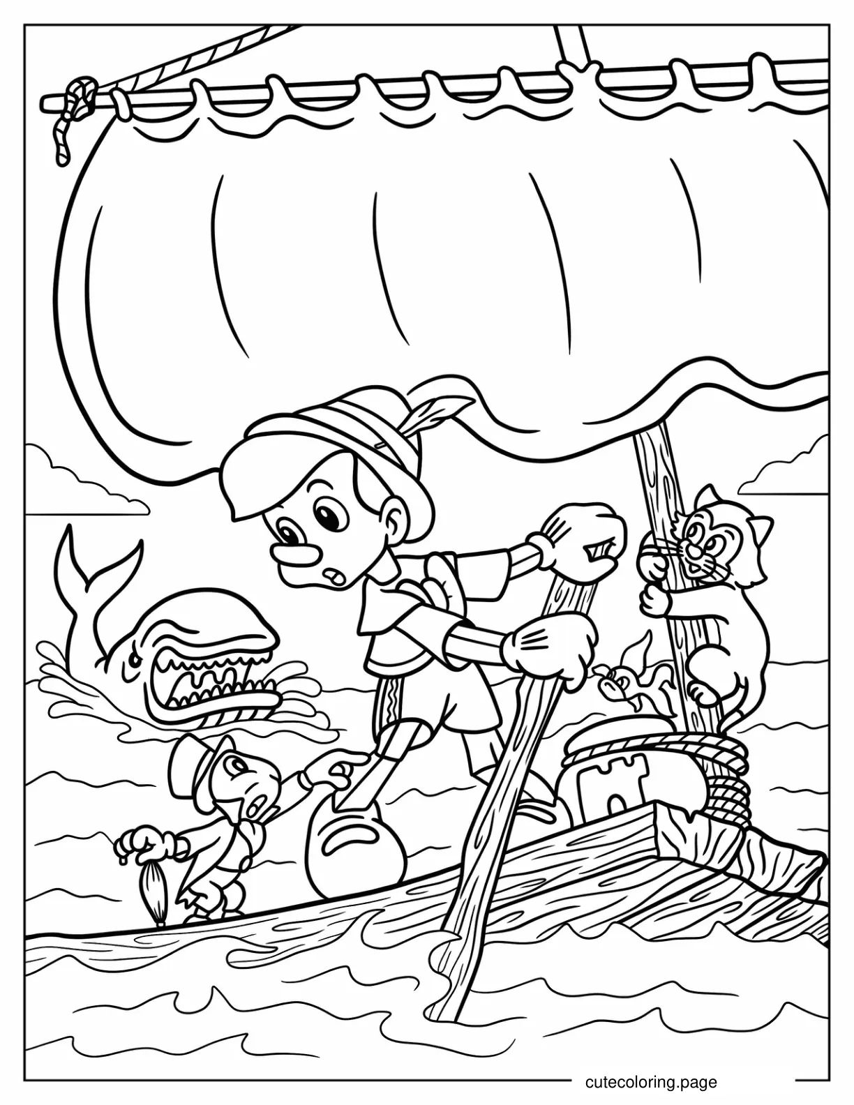 Pinocchio Jiminiy Figaro And Cleo In Stormy Seas Coloring Sheet coloring page