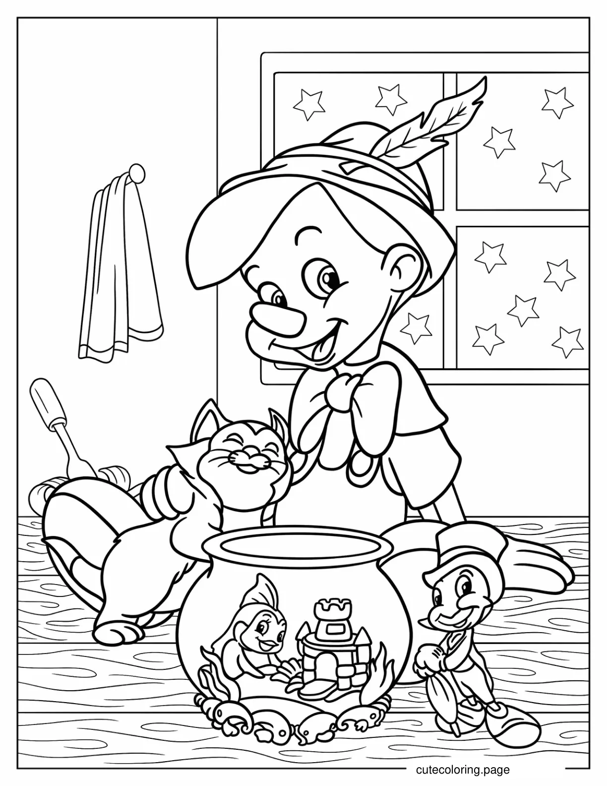 Pinocchio Playing With Figaro Cleo And Jiminy Cricket On Table coloring page