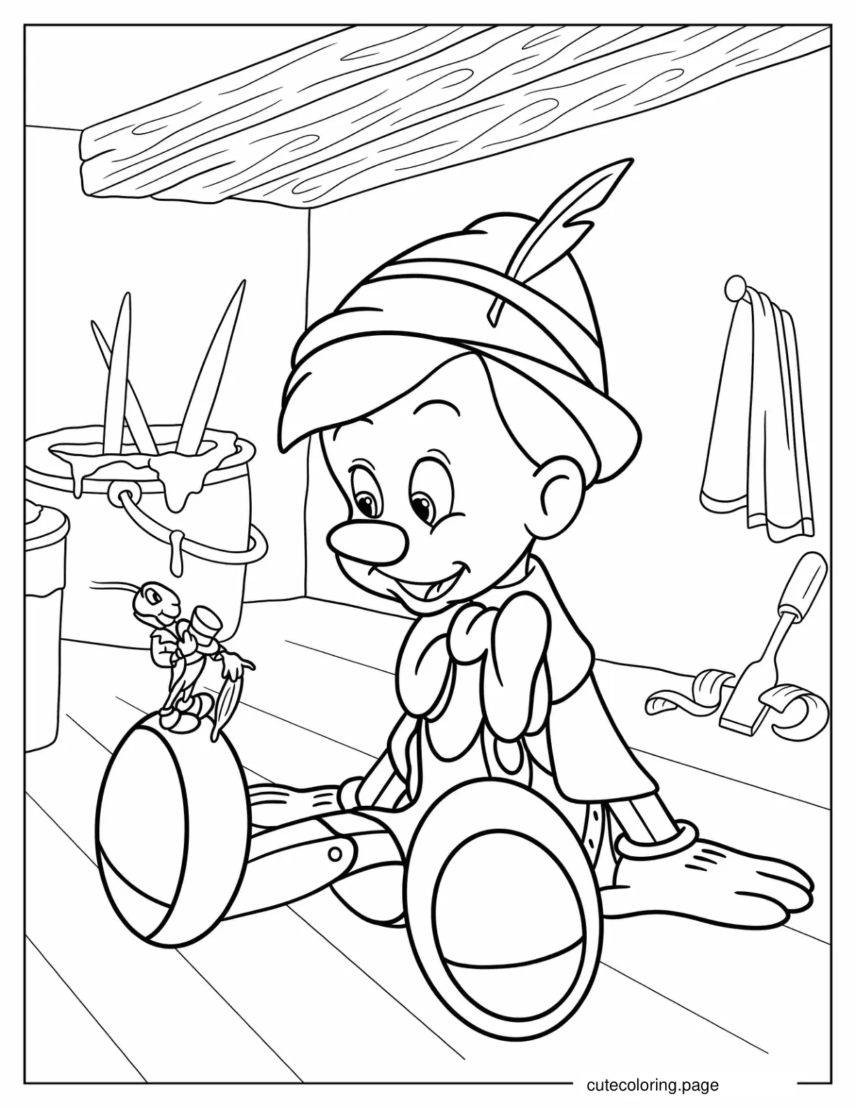 Pinocchio Talking To Jiminy Cricket On The Floor Coloring Page coloring page