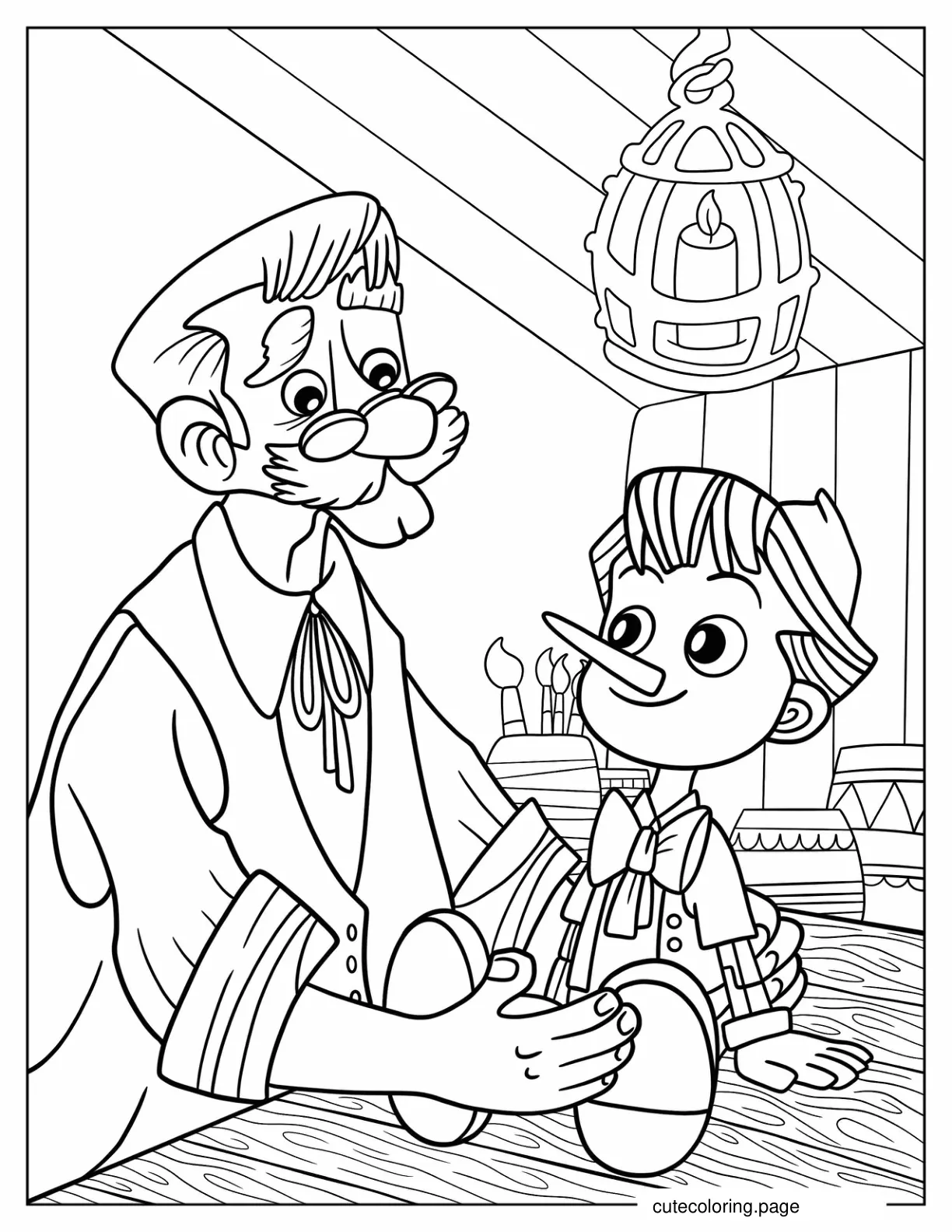 Simple Geppetto Holding Pinocchio Coloring Page coloring page