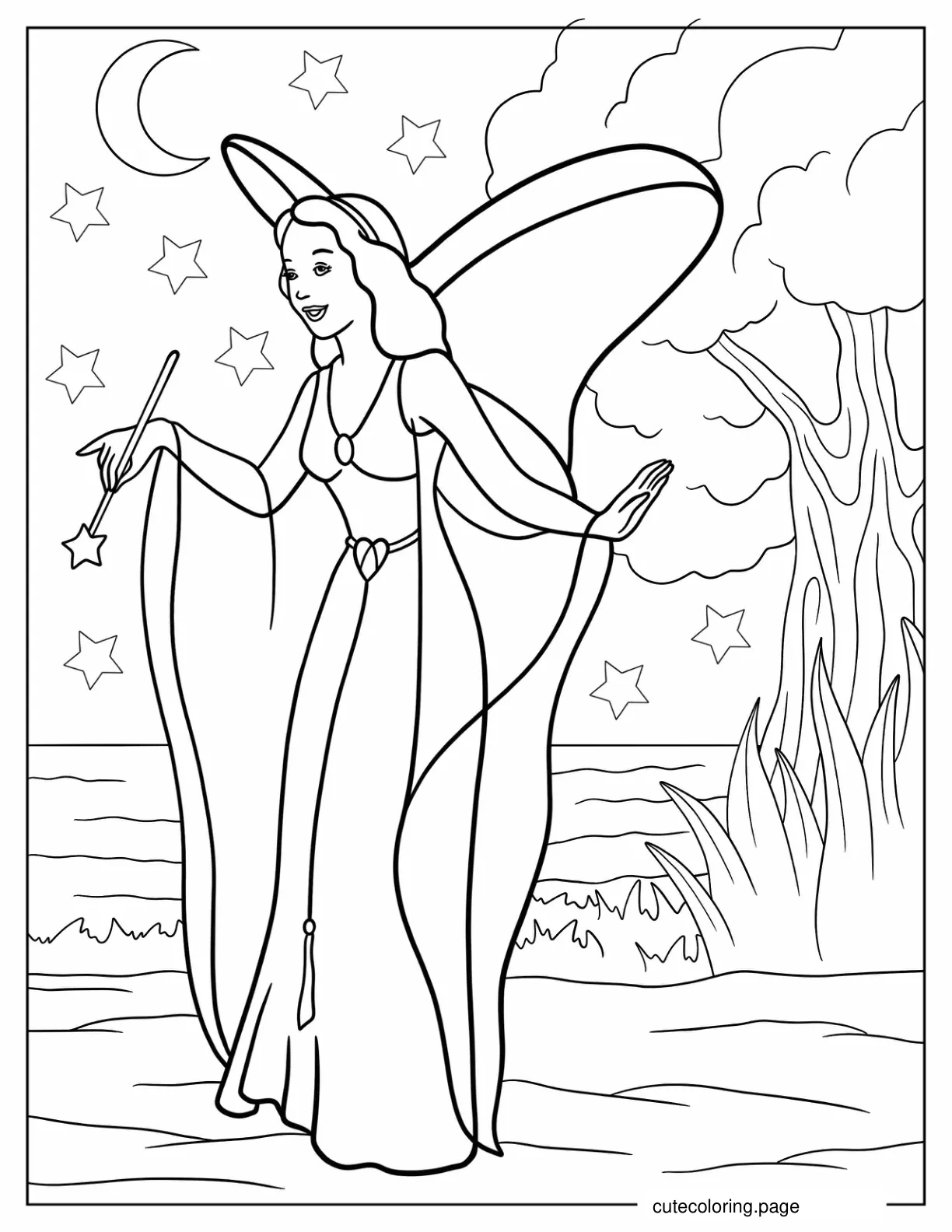 The Blue Fairy With Her Magic Wand Coloring Sheet coloring page