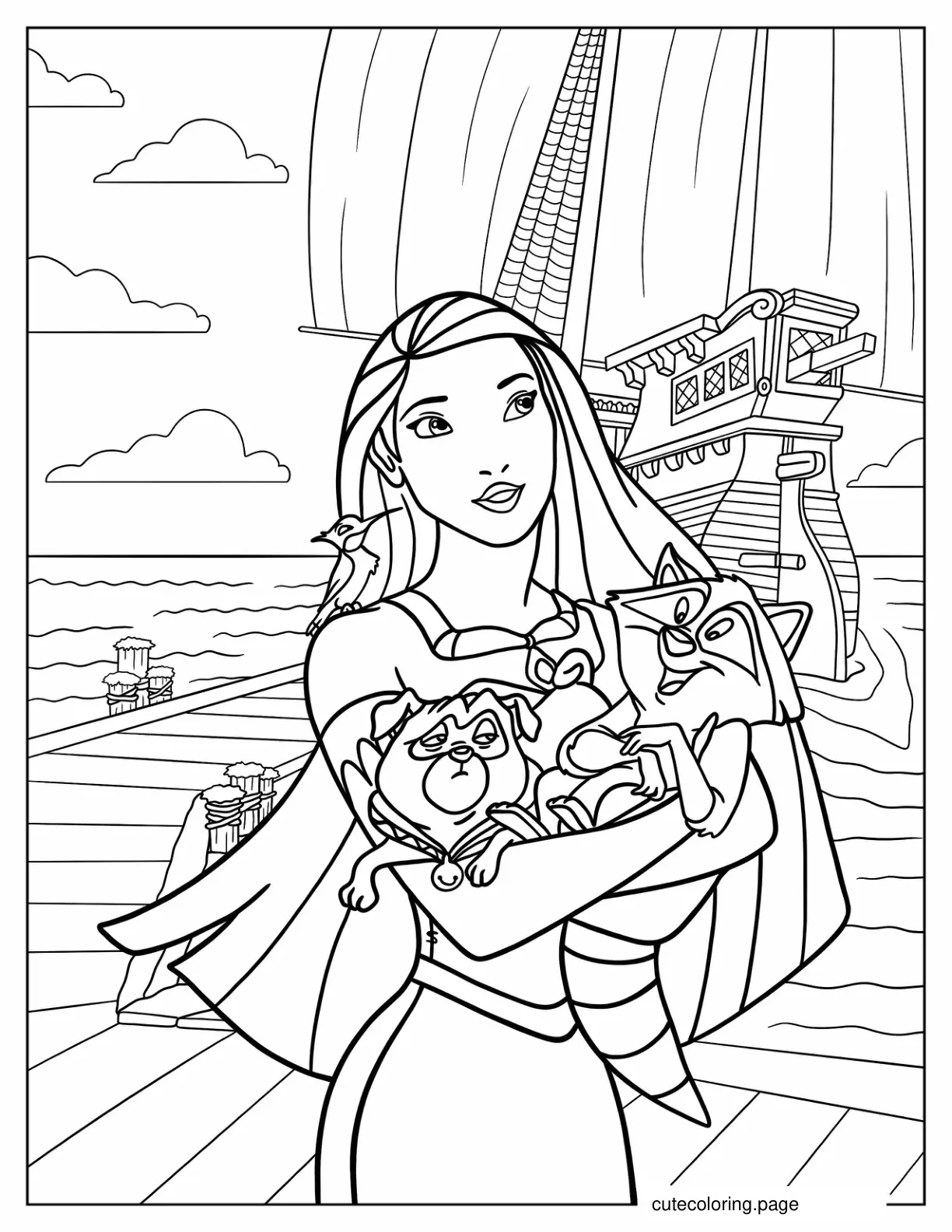 Pocahontas On The Port With Meeko And Percy coloring page