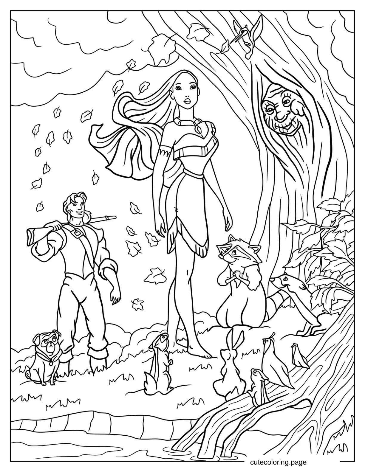 Pocahontas With Grandmother Willow John Smith And Meeko coloring page