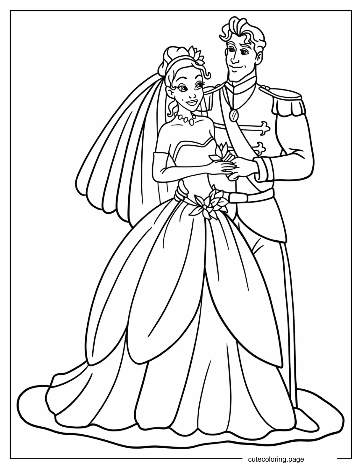 Easy Coloring Sheet Of Tiana And Naveen Wedding coloring page