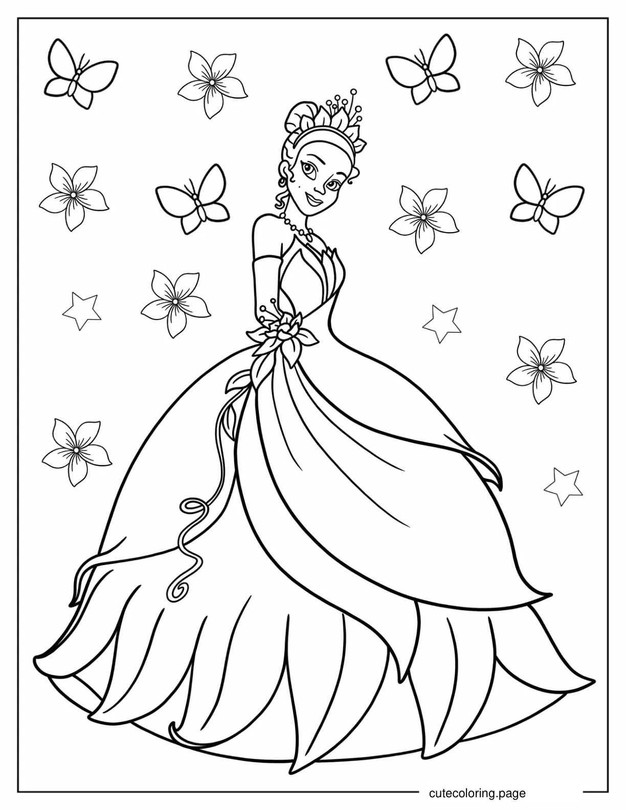 Princess Tiana In Ball Gown Coloring In For Kids coloring page