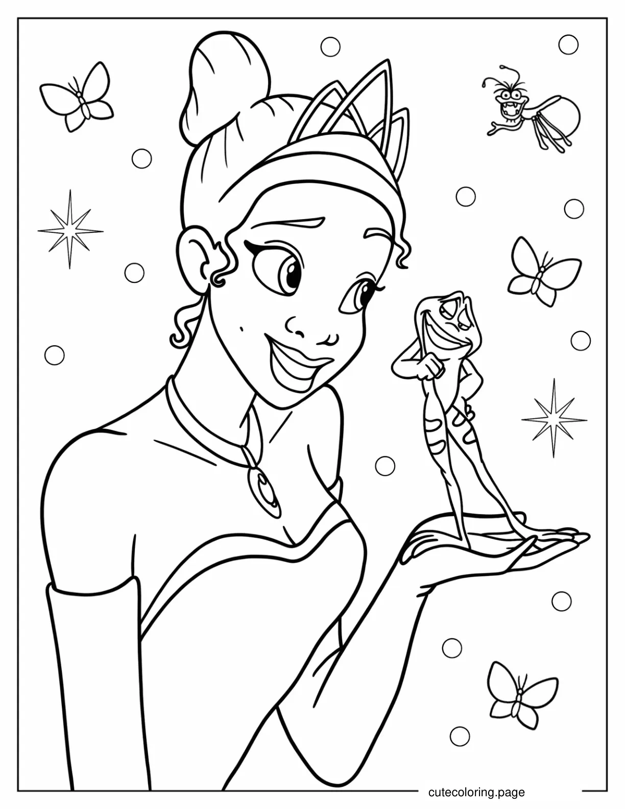 Princess Tiana Smiling At Frog Prince Naveen Coloring Page coloring page