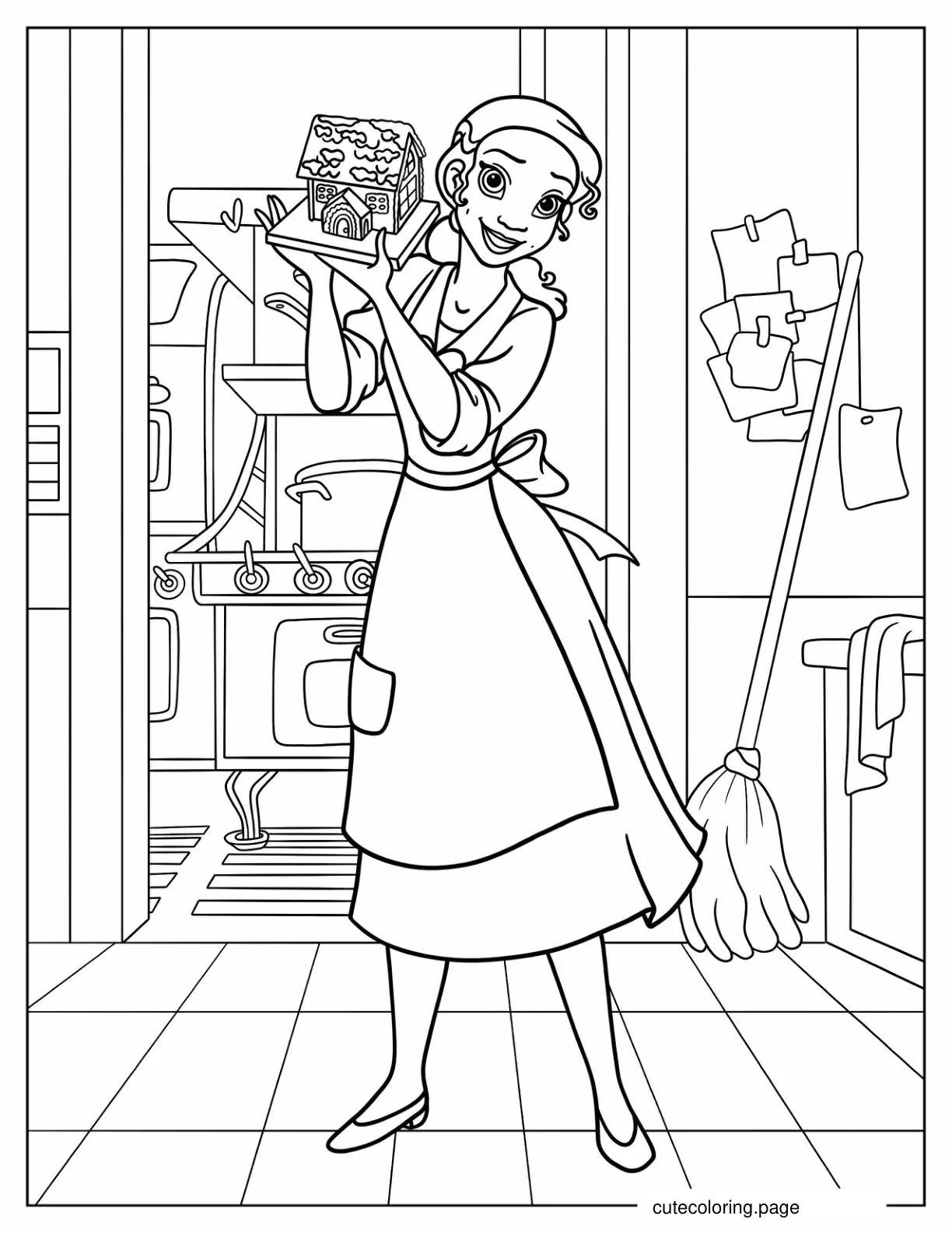 Tiana Holding Up Gingerbread House coloring page