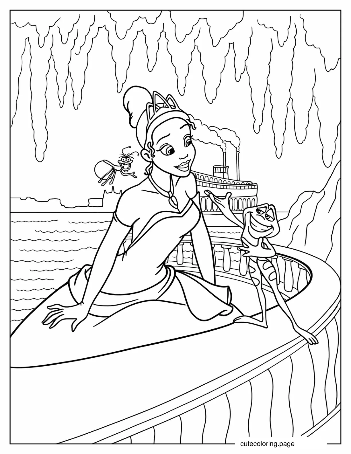 Tiana Ray And Frog Prince Naveen On Balcony Coloring In coloring page