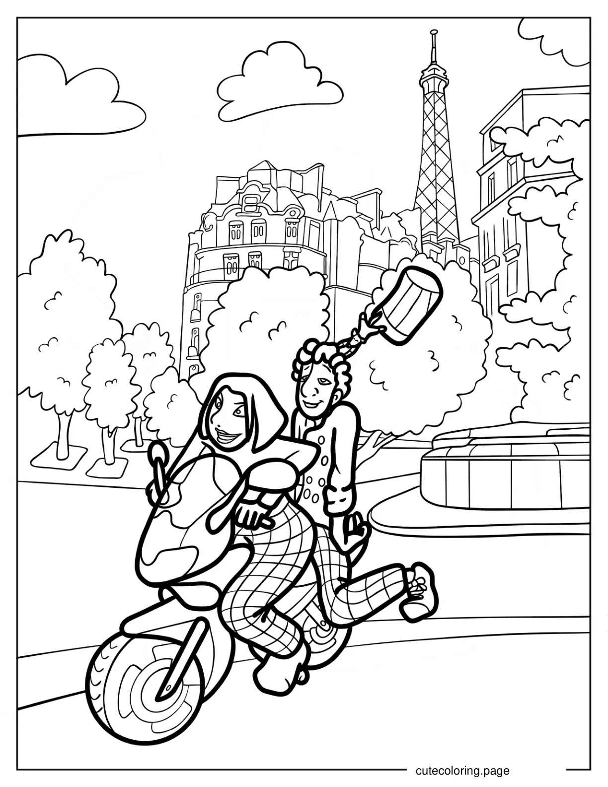 Colette Alfredo And Ratatouille Riding A Motorcycle In Paris coloring page