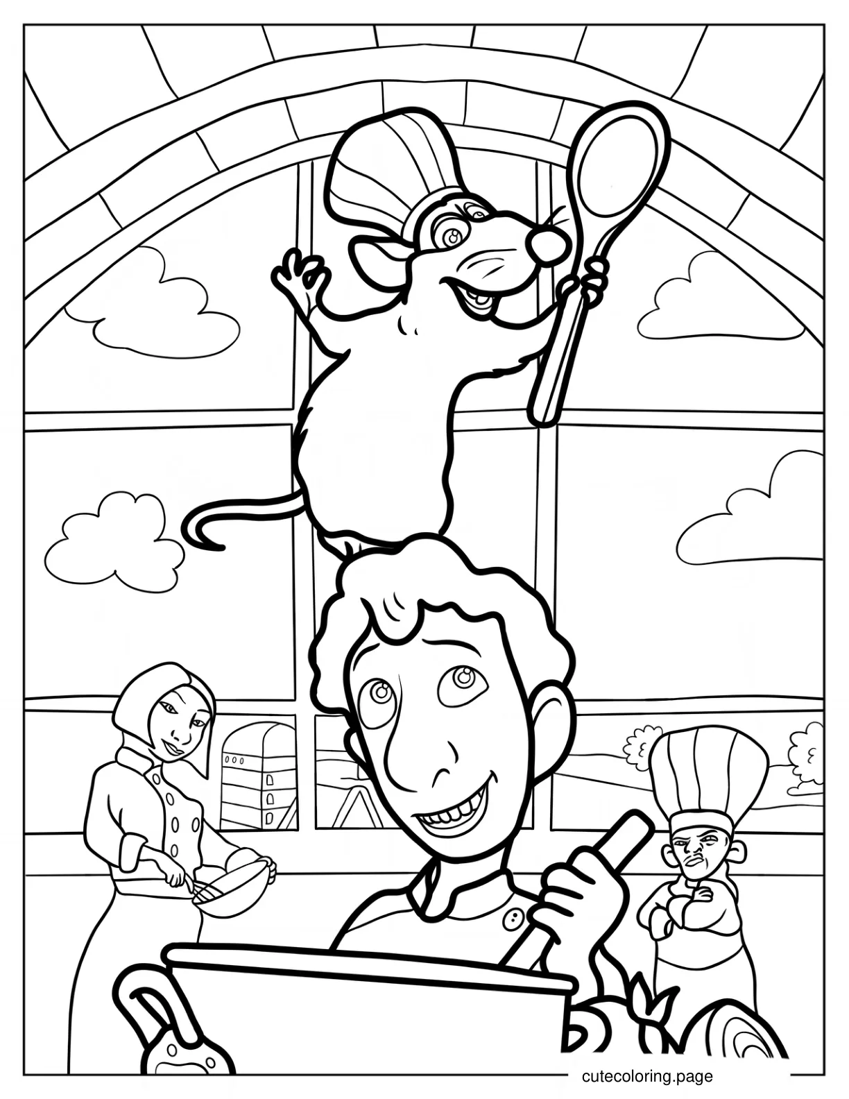 Ratatouille Standing On Alfredo_s Head With Colette And Skinner In The Background coloring page