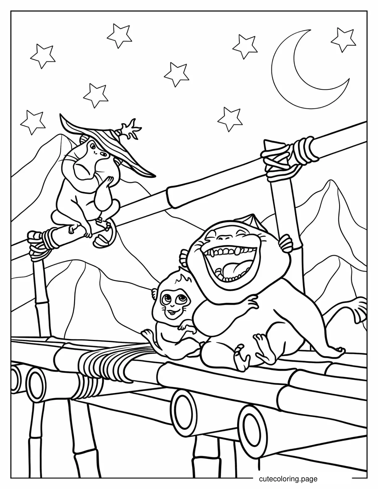 Ongis Dyan Pan and Uka Laughing On Bamboo Bridge coloring page