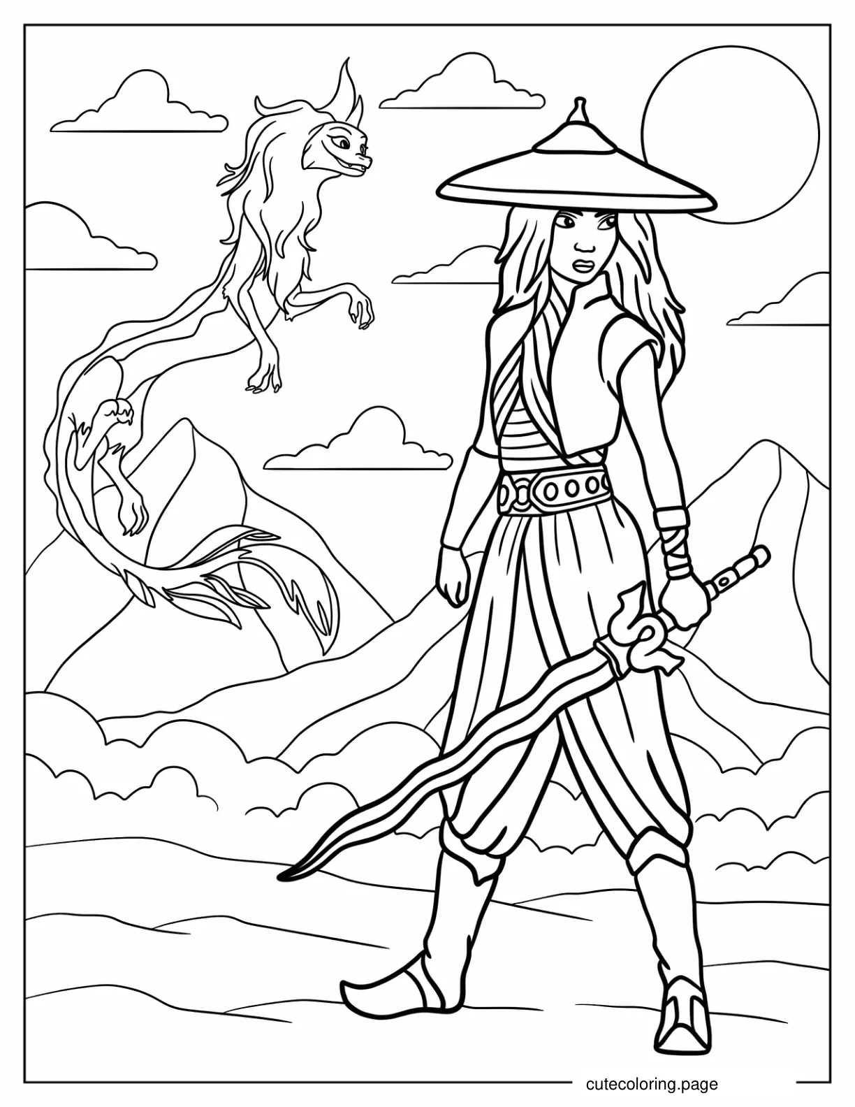 Raya Holding Her Sword With Sisu Flying In The Background coloring page