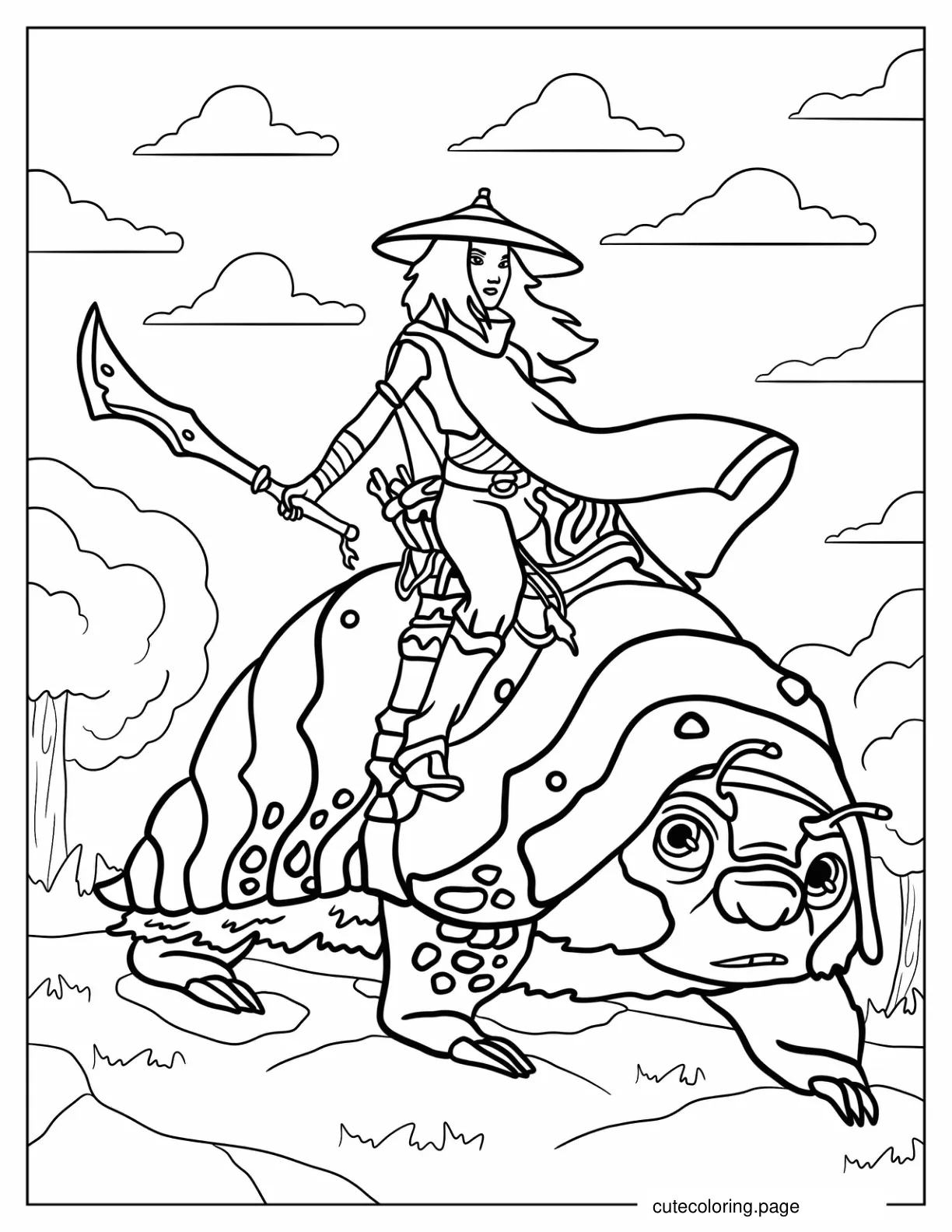 Raya Sitting On Top Of Tuk Tuk With Her Sword coloring page