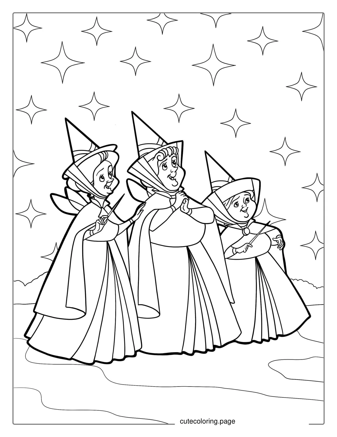 Coloring Page Of Flora Fauna and Merryweather coloring page