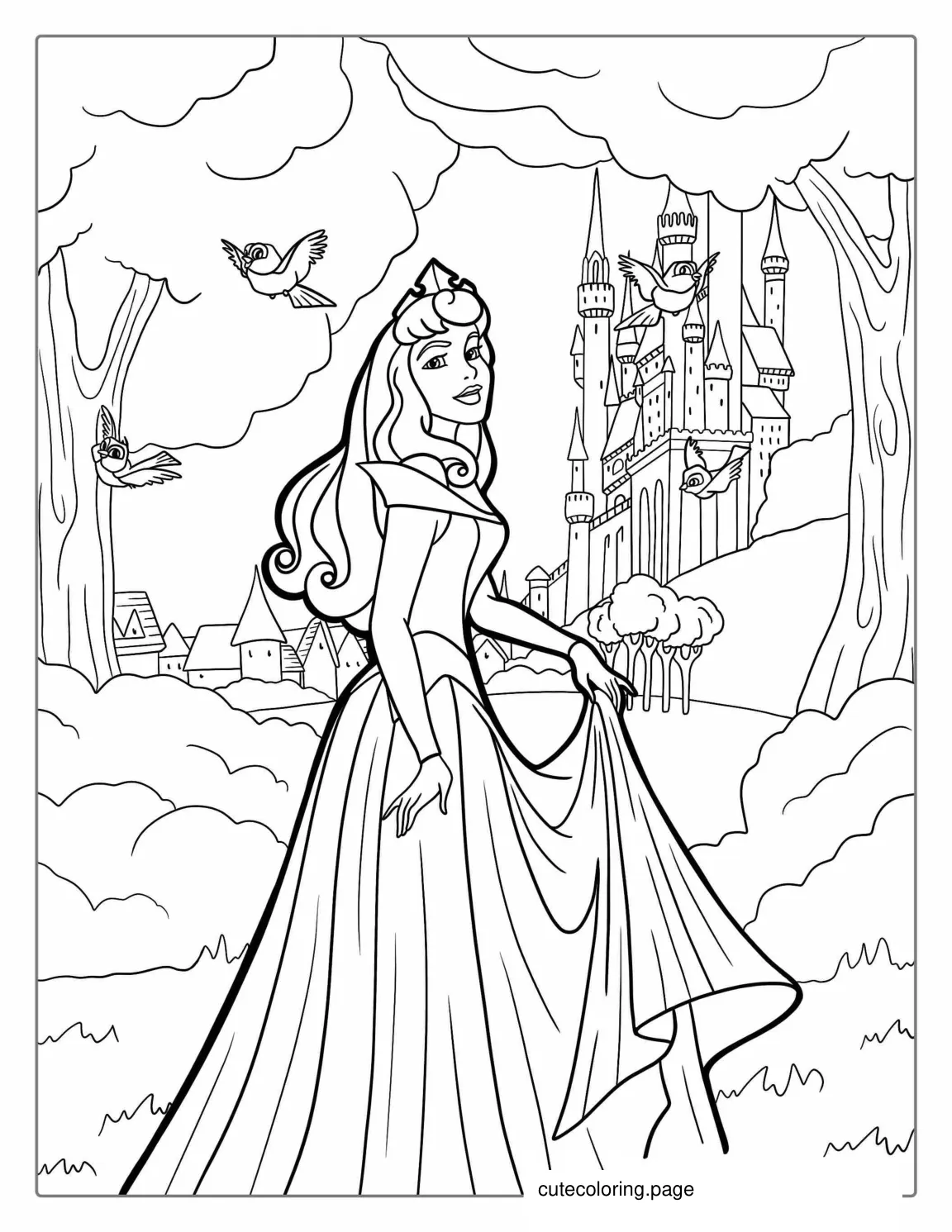 Coloring Page Of Sleeping Beauty With Castle In Background coloring page