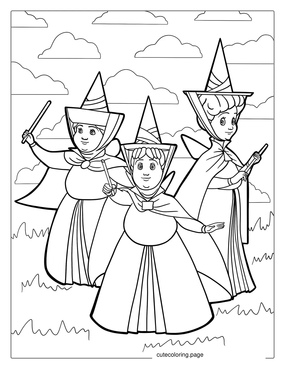 Flora Fauna and Merryweather Fairies Coloring Sheet coloring page