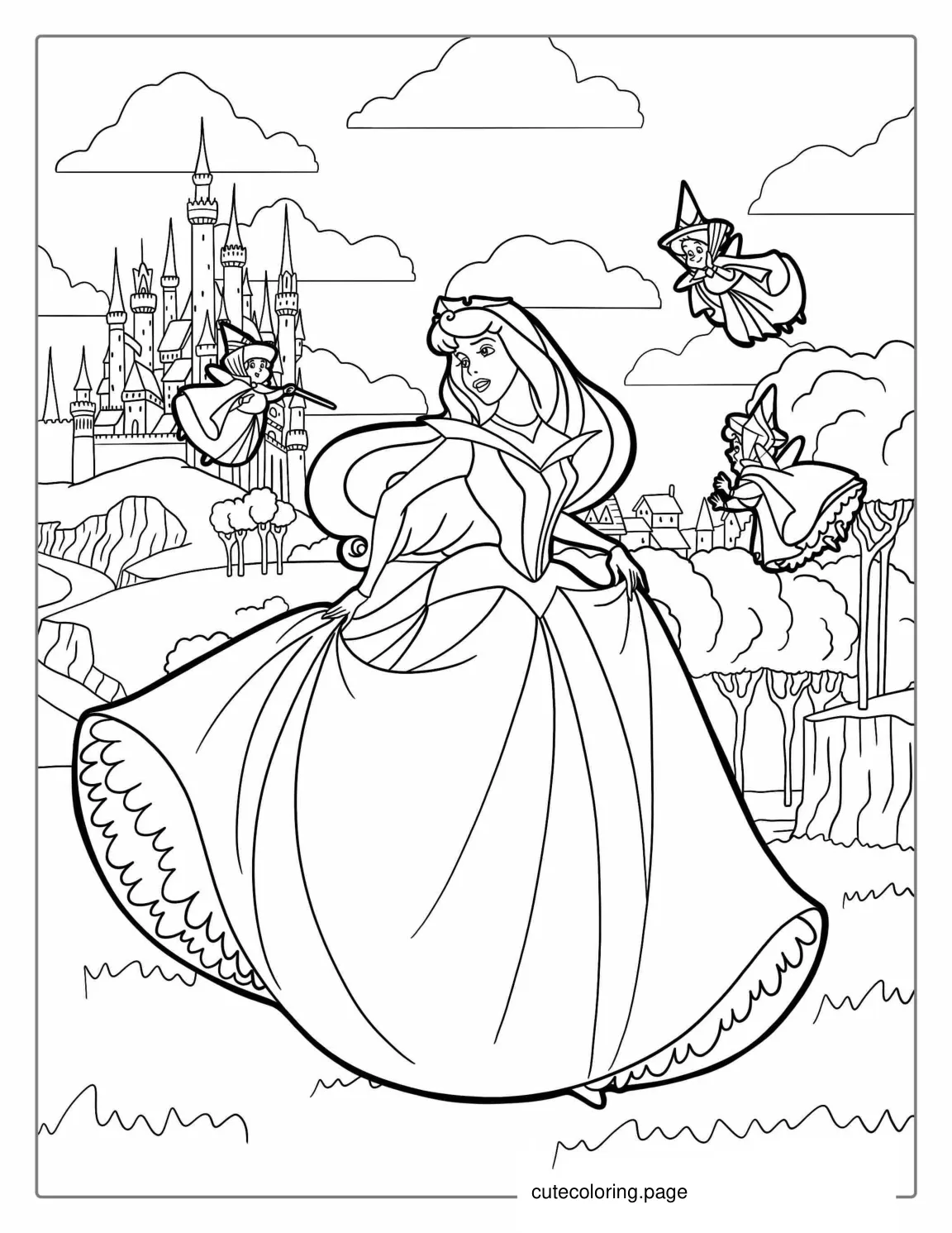 Sleeping Beauty With The Three Fairies Coloring Page coloring page