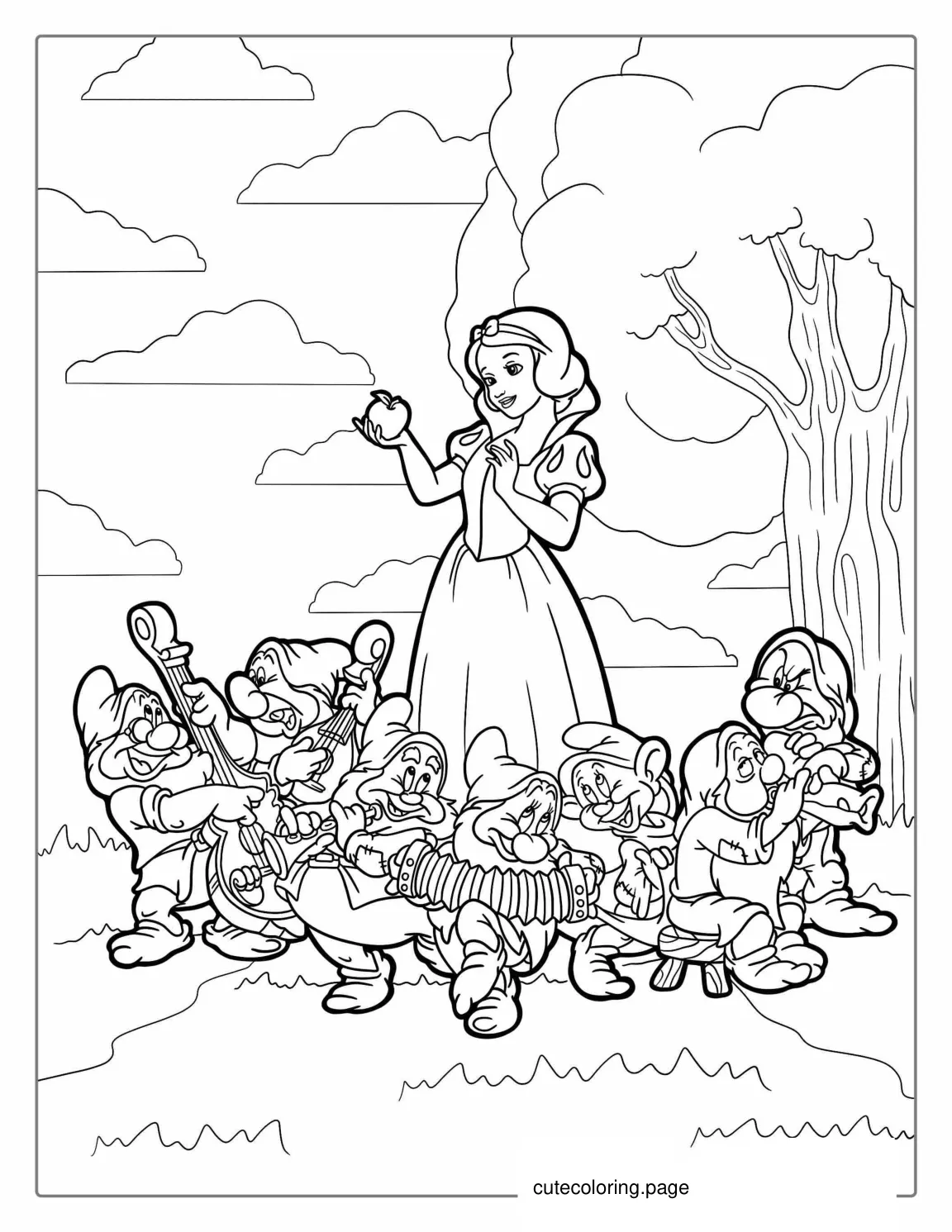 Coloring Page Of Show White Holding Apple With Dwarfs coloring page