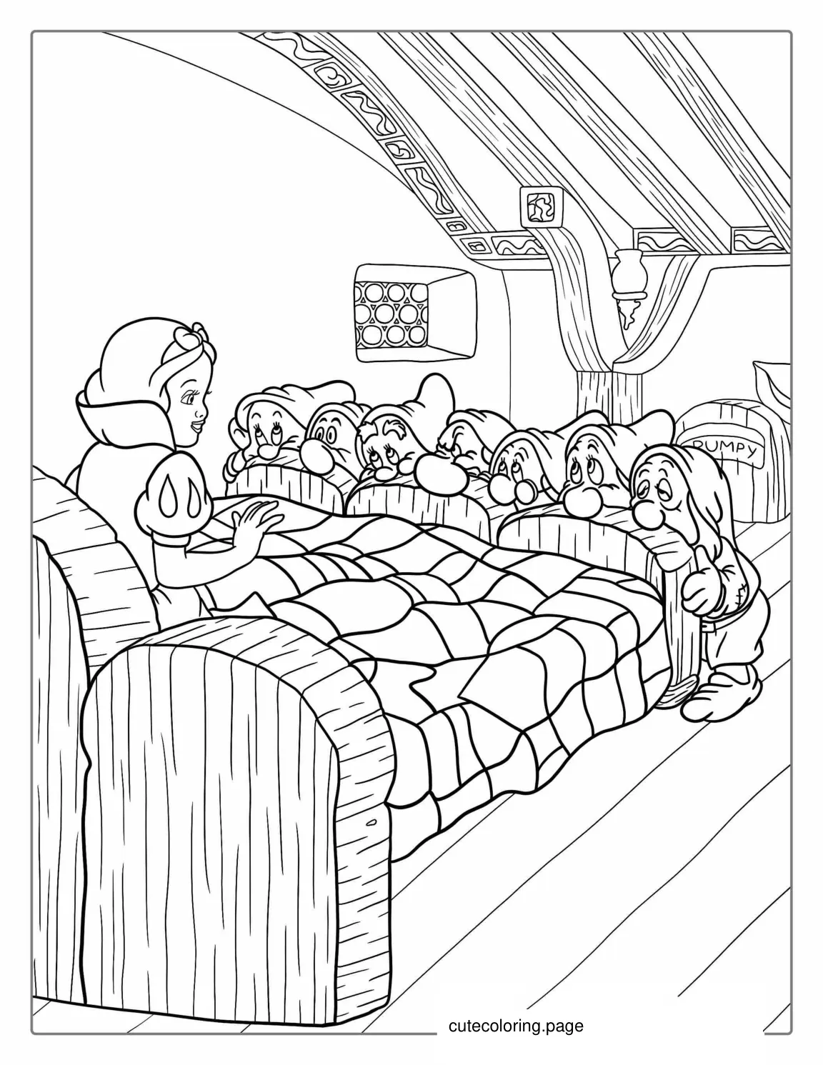 Snow White In Bed Being Woken Up By The Seven Dwarfs coloring page